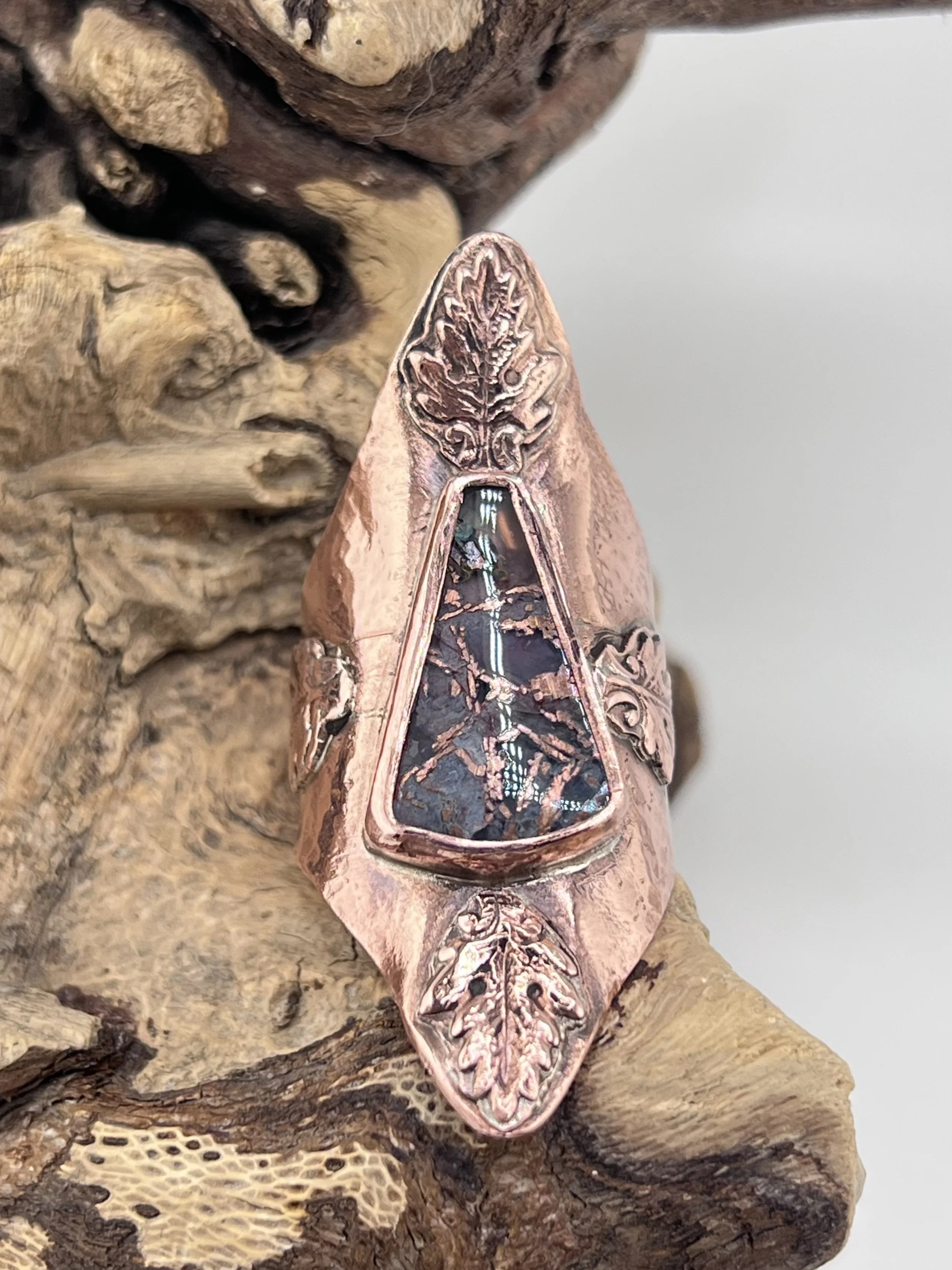 Copper Saddle ring -Chrysocolla with Native Copper Cabochon