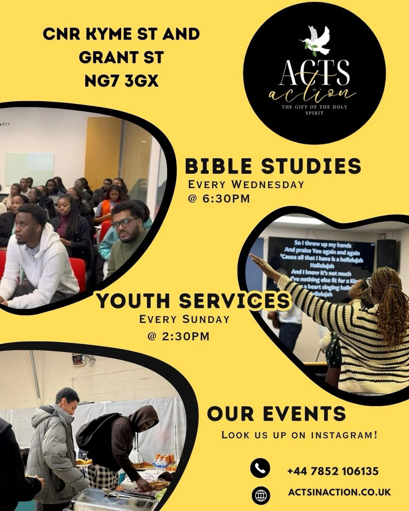 Overview of our services :

Bible Study every Wednesday at 6:30pm
Youth service every Sunday at 2:30pm

Address:
Cnr Kyme St and Grant St
NG7 3GX

#church #vouth #christianitv