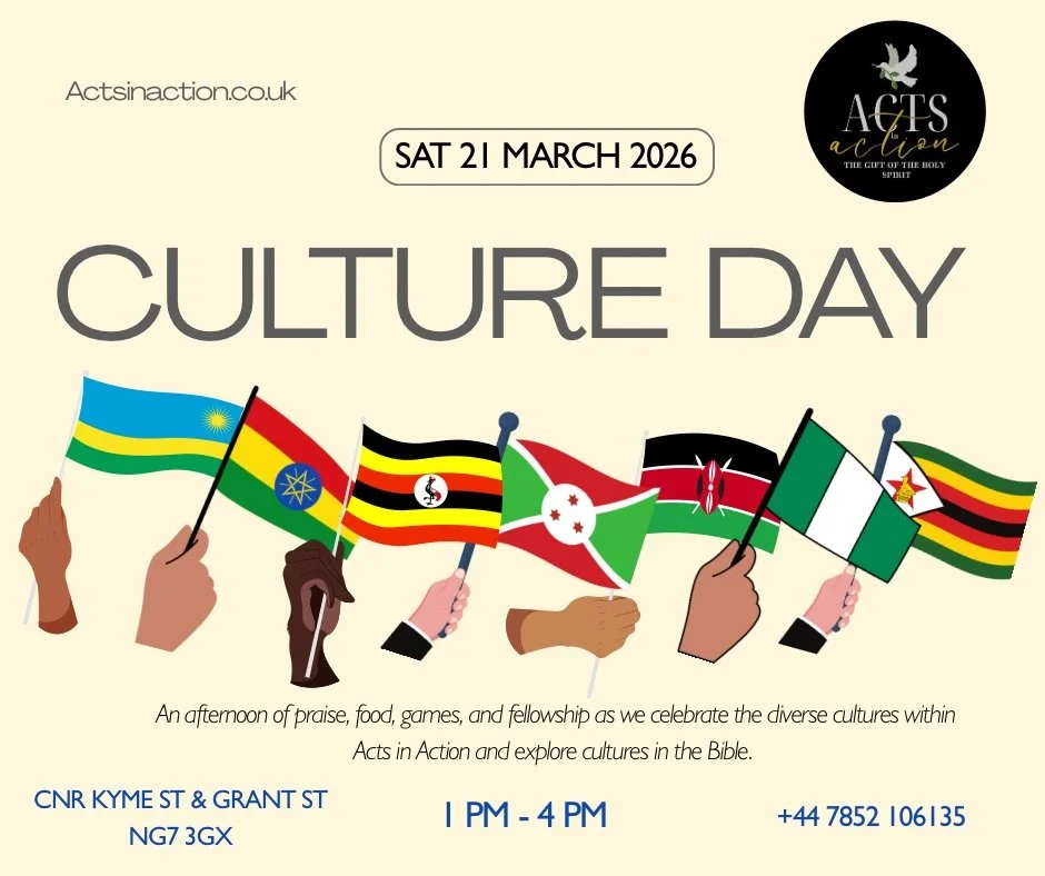 🌍 You&rsquo;re Invited to Culture Day! 🎉

Join us for a joyful Culture Day Celebration on Saturday 21st March from 1PM &ndash; 4PM at CNR Kyme St and Grant St, NG7 3GX.

Come and enjoy a wonderful afternoon of praise, food and fellowship as we cele