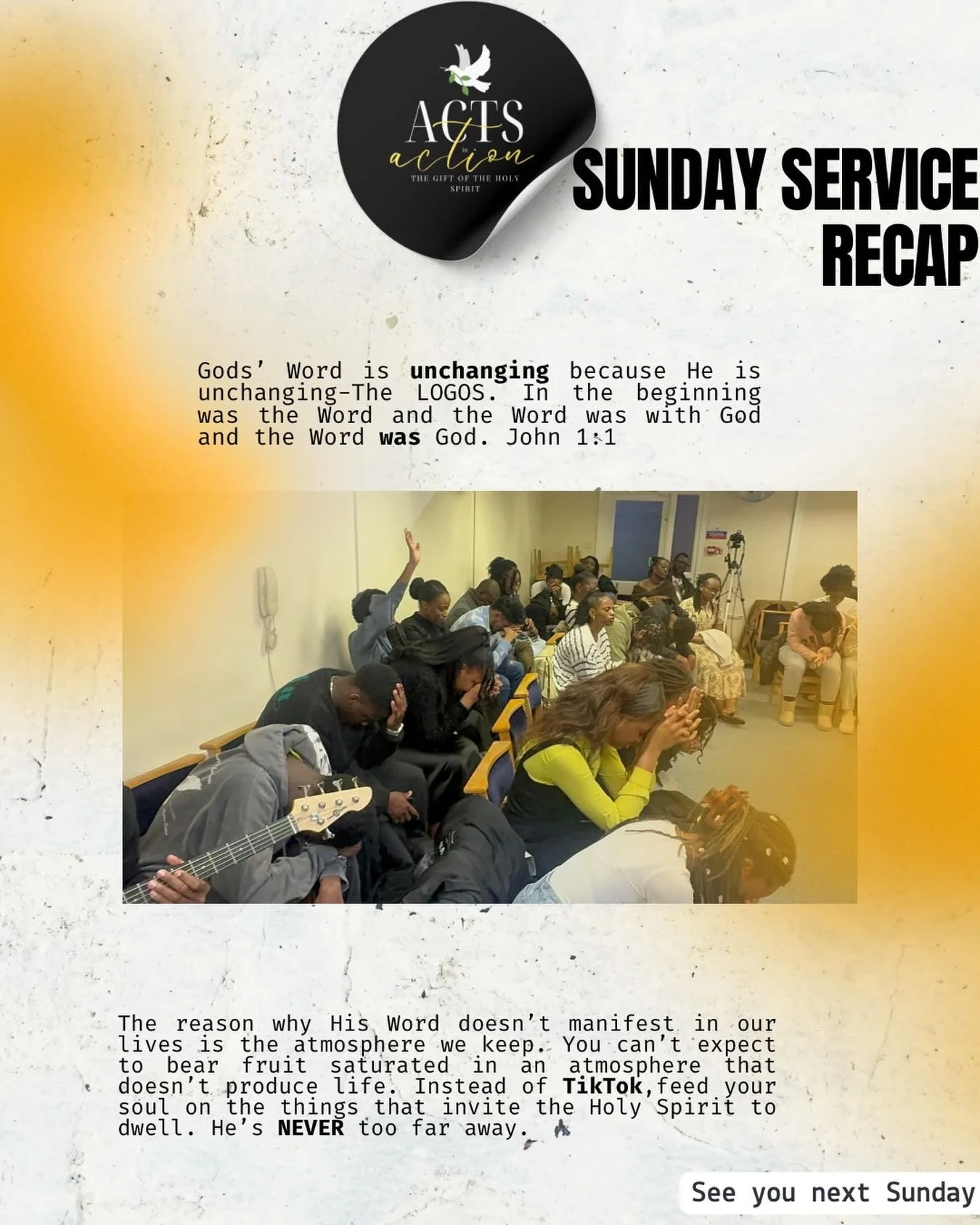 The atmosphere we create determines the fruit we see.
Yesterday we were reminded that God&rsquo;s Word is alive, unchanging, and powerful.Stay in His presence friends🙏✨

#sundayservice✝️ #youth4christ