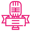 Stylized pink microphone with a ribbon banner underneath.