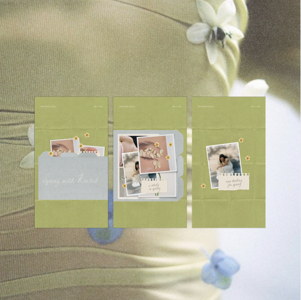 Three pages of a scrapbook or photo album with spring-themed scrapbook layouts, featuring photos of flowers and a person, decorated with small yellow flowers, set against a green background with a blurred flower in the top right corner.