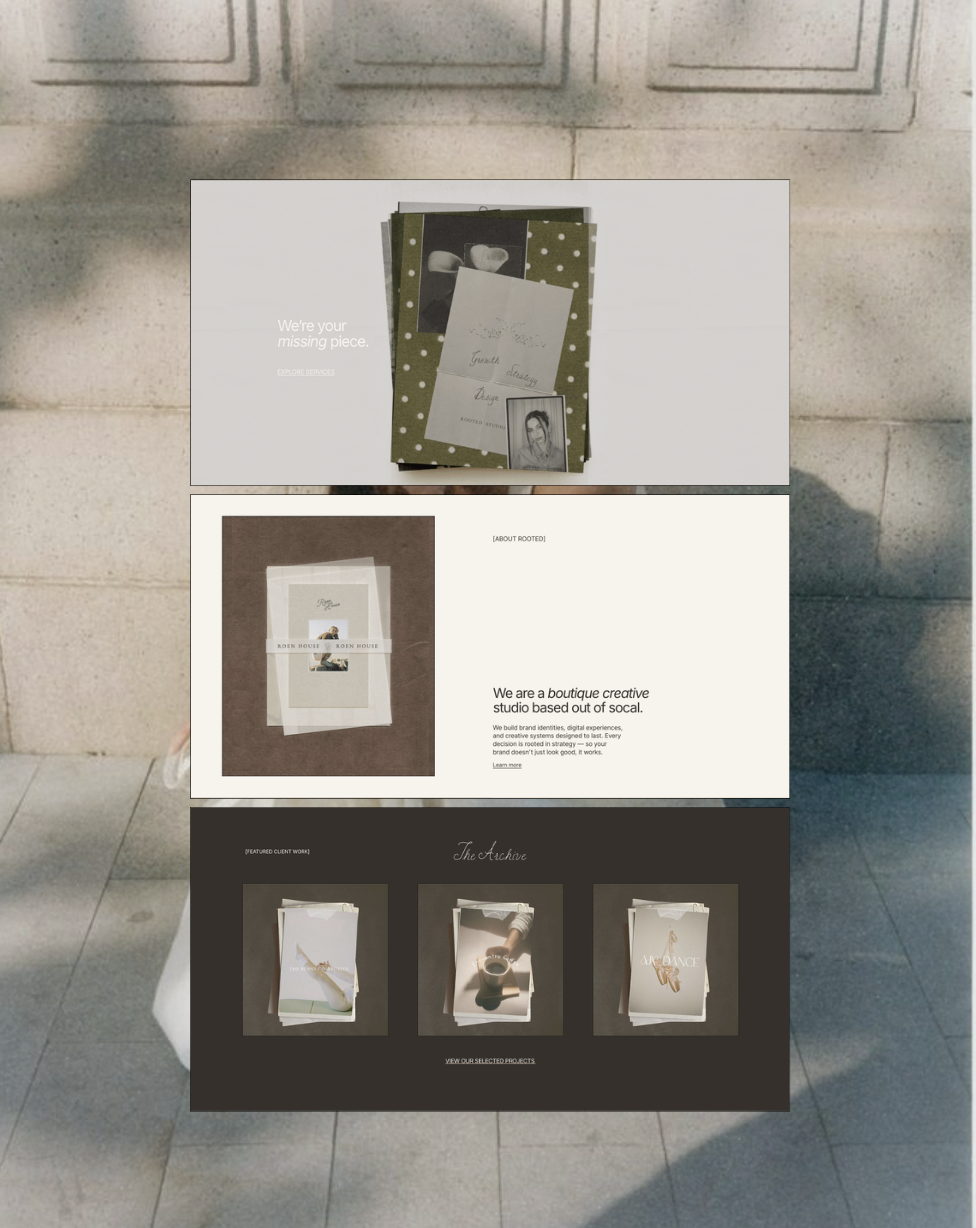 A website showcasing a boutique creative studio, featuring sections with images of printed materials, photographs, and text about their services and portfolio.