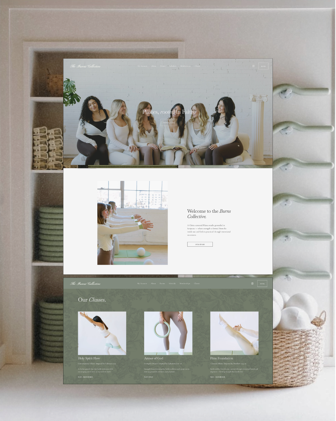 Screenshot of a website for The Burns Collection, featuring a group of women sitting on a couch, women doing yoga, and class offerings like Holy Spirit Flow, Armor of God, and Firm Foundation.