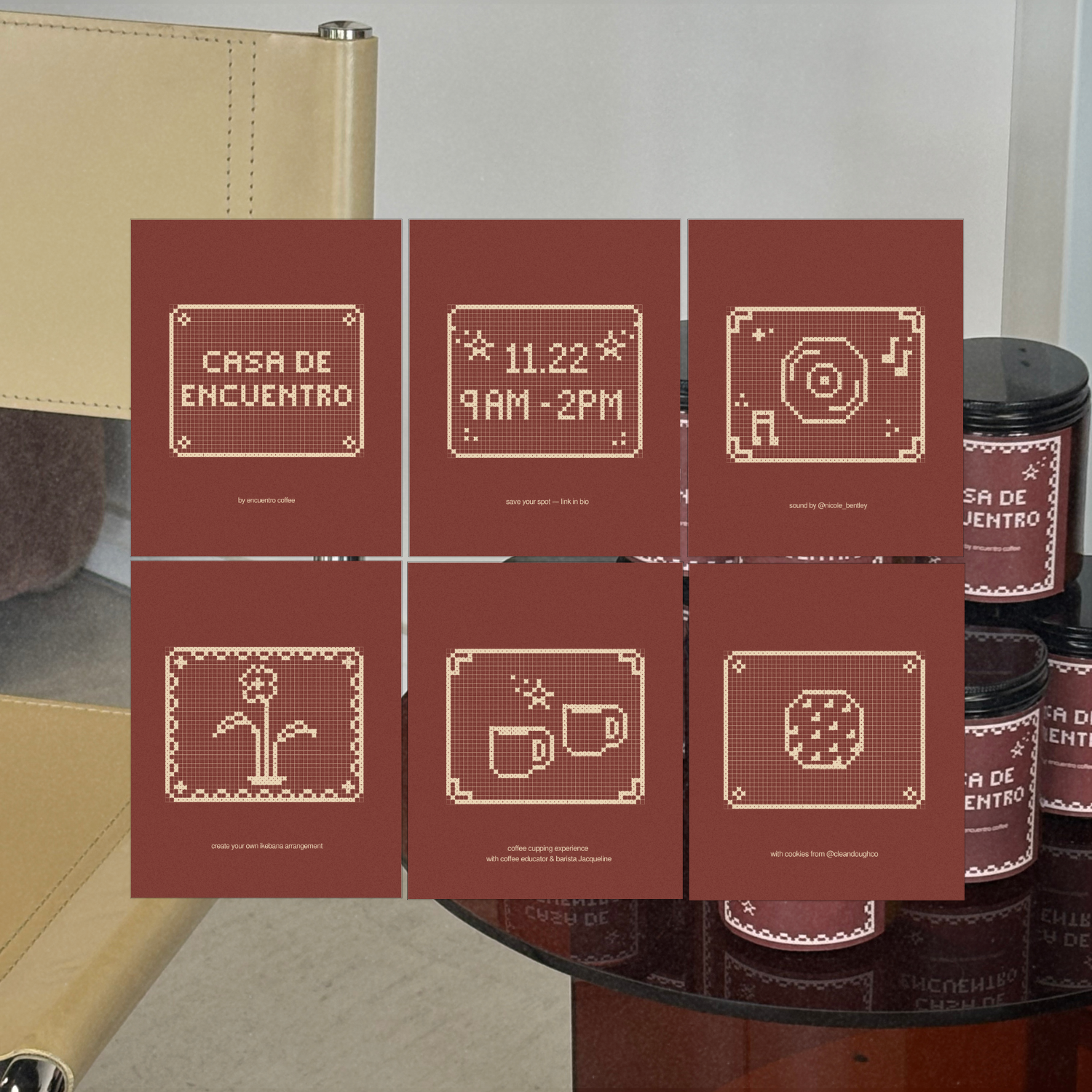 Three posters with pixel art designs and text promoting a coffee shop, including meeting hours, creating your own arrangement, and pairing with cookies.