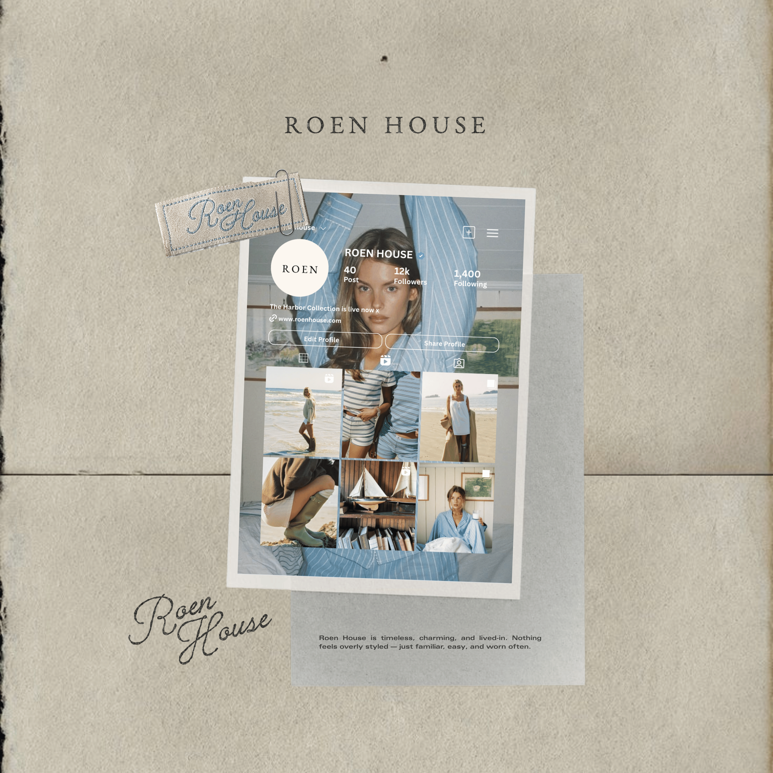 A collage featuring a background with the text 'Roen House' and a Polaroid photo of a woman in a striped outfit on the beach. The collage includes handwritten and printed text, with the website www.roenhouse.com at the bottom.