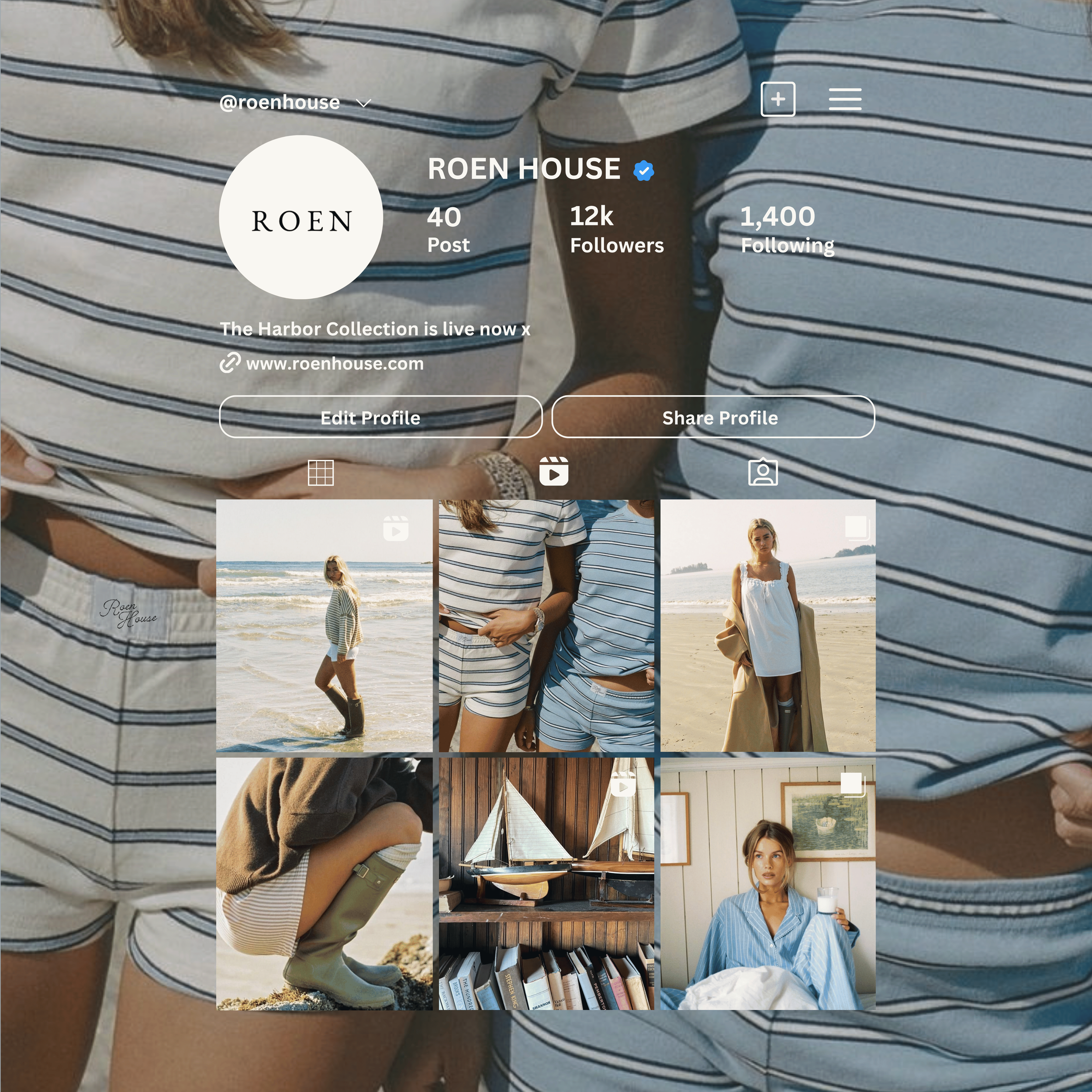 Multiple photos of a woman on the beach, a woman indoors holding a glass of milk, a vintage sailing ship, and a close-up of a striped shirt.