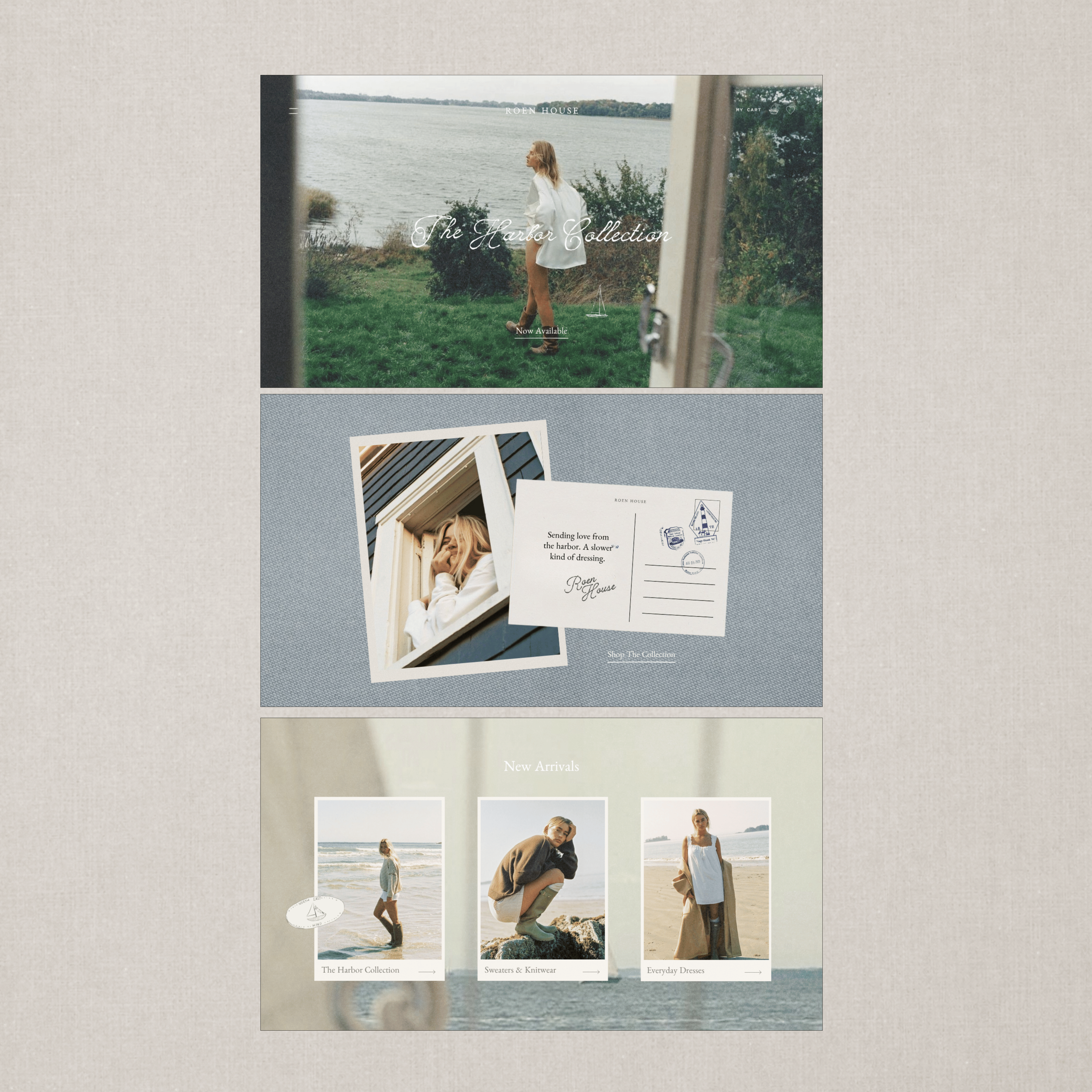 A website represents a fashion collection called The Harbor Collection, featuring a woman standing by the water, dressed in casual coastal attire. The website highlights new arrivals, everyday dresses, and seasonal collections, with images of models at the beach and wearing sweaters and knitwear.