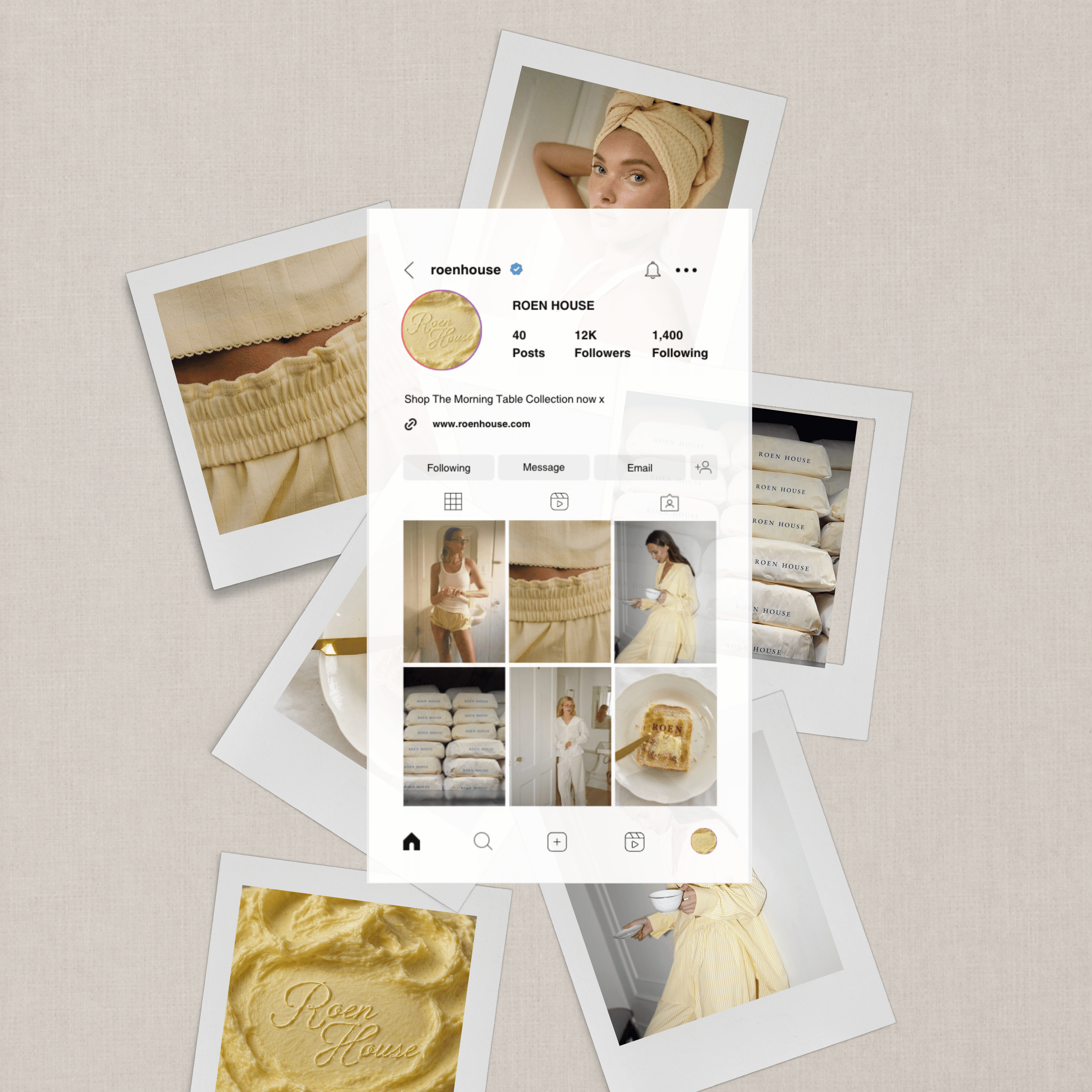 A collage of images including a woman with a beige towel wrapped around her head, wearing a yellow outfit, holding a cup, and photos of a stack of soap bars with the brand name 'Roen House' embossed, and a close-up of a plate of butter.
