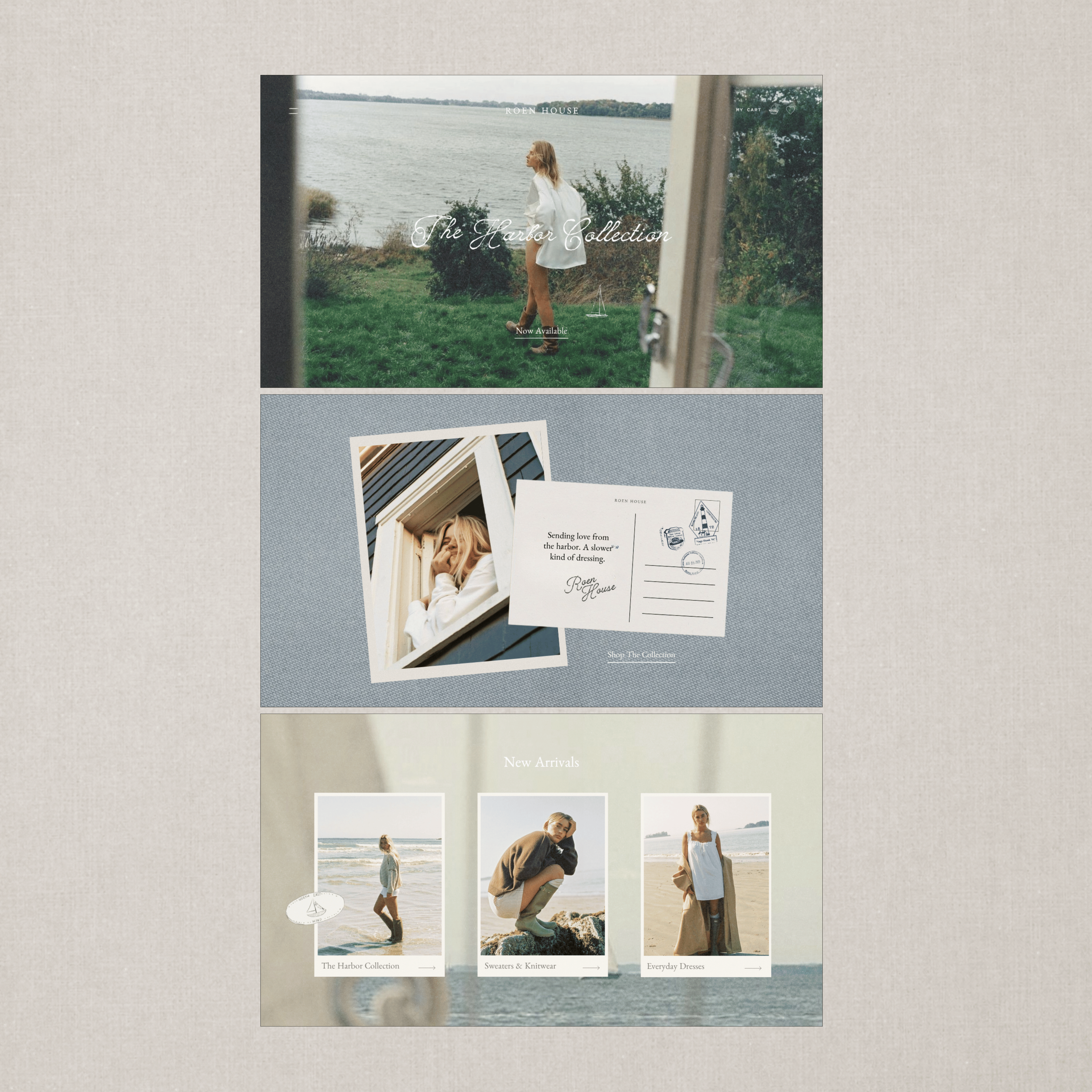 Website homepage showcasing a collection called 'The Harbor Collection' with scenic images of women at the beach, product categories like 'Sweaters & Knitwear' and 'Everyday Dresses', and scenic outdoor backgrounds.