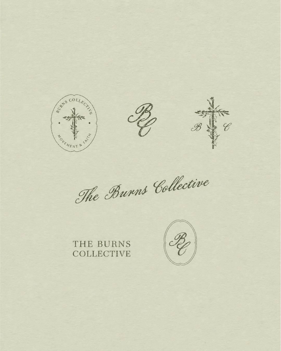 Design with the text 'The Burns Collective' in elegant script, surrounded by logos and initials 'BC' with botanical elements, on a beige textured background.