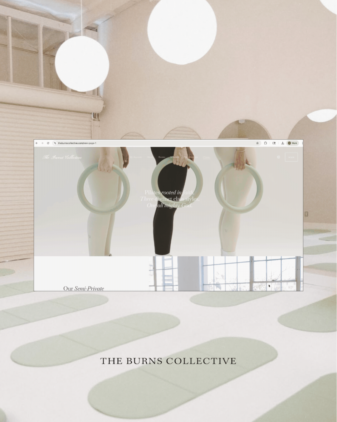 Interior of a yoga studio with soft lighting and circular ceiling lights, featuring a website overlay with an image of three women holding gymnastic rings.