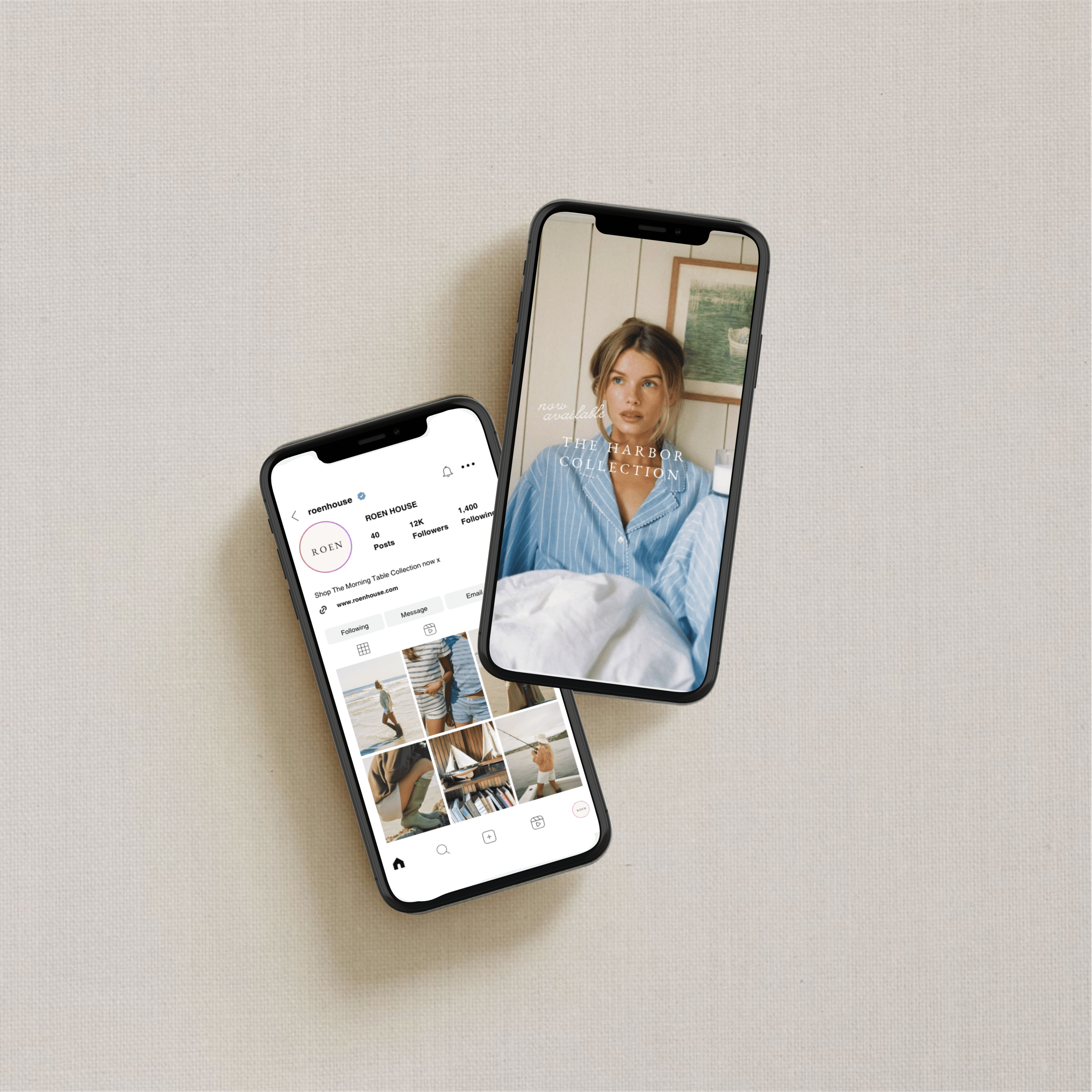 Two smartphones lying on a beige textured surface, one displaying a photography app with images of a woman at the beach and the other showing a social media profile for Roenhouse.