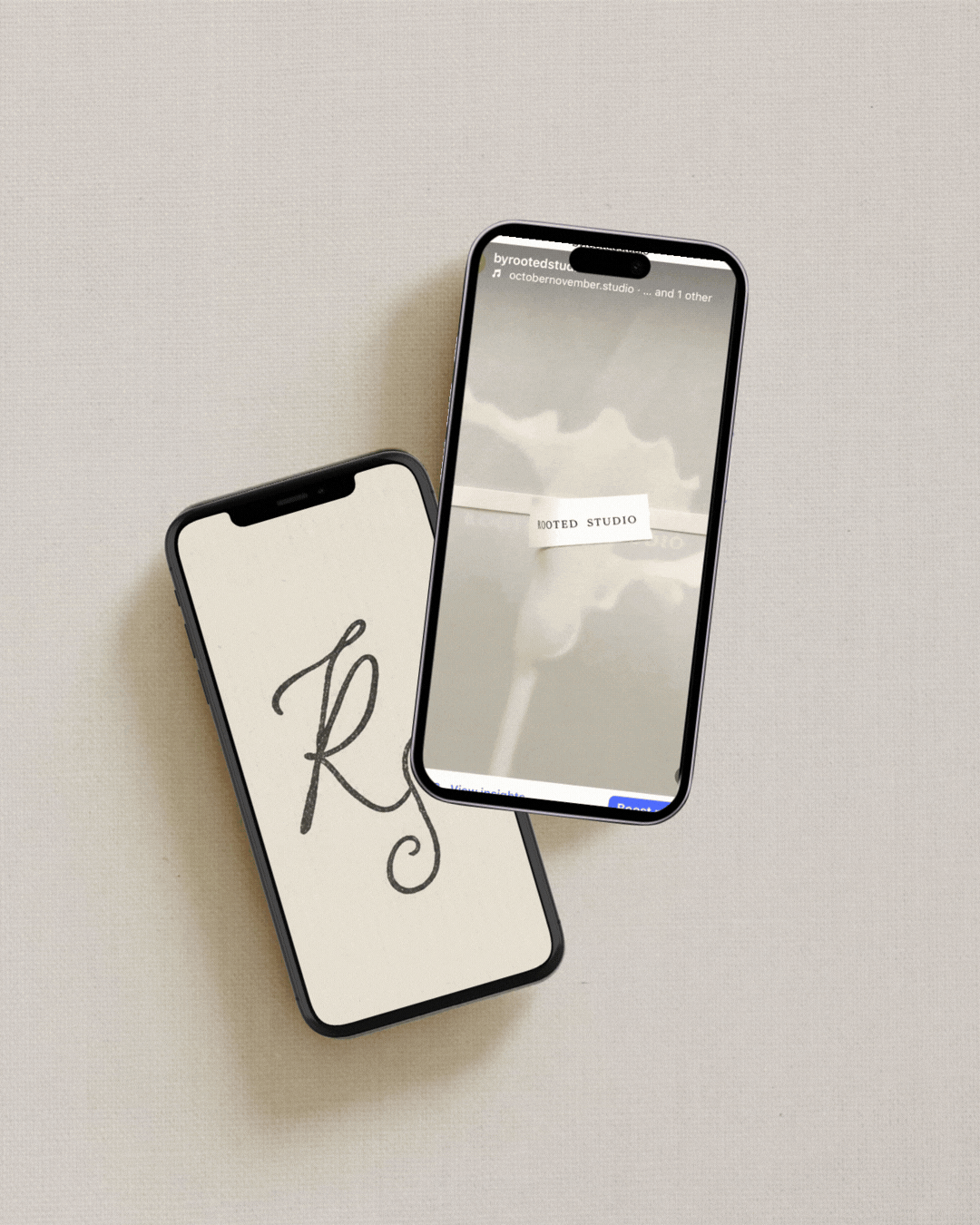 Two smartphones placed on a light-colored surface, one displaying a logo with the initials 'RS' and the other showing a photo of a sign that reads 'Rooted Studio' with a cloudy background.