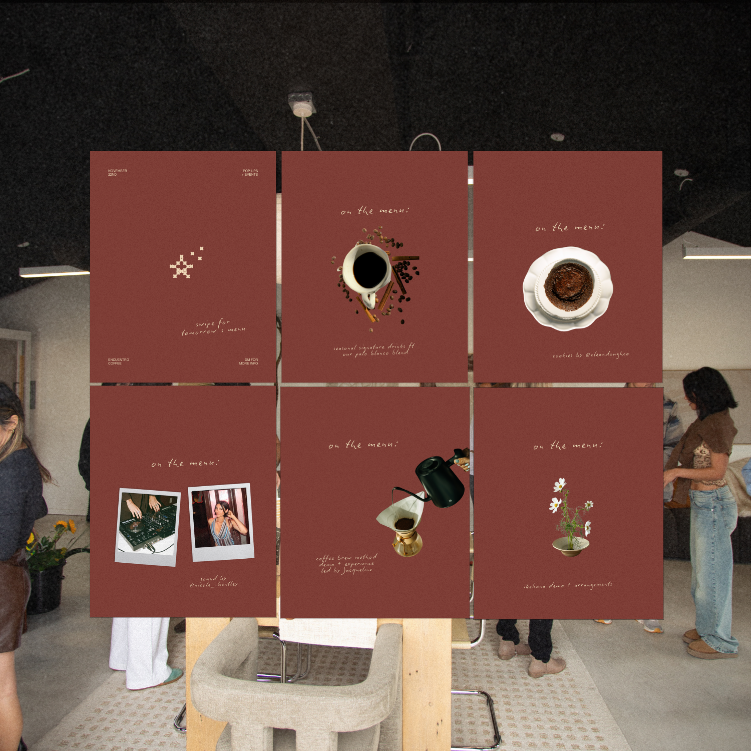 A display board with six panels showing menu information and images in a cafe or event space. Some panels feature coffee and desserts, while others have photos and decorative elements, with people visible in the background.