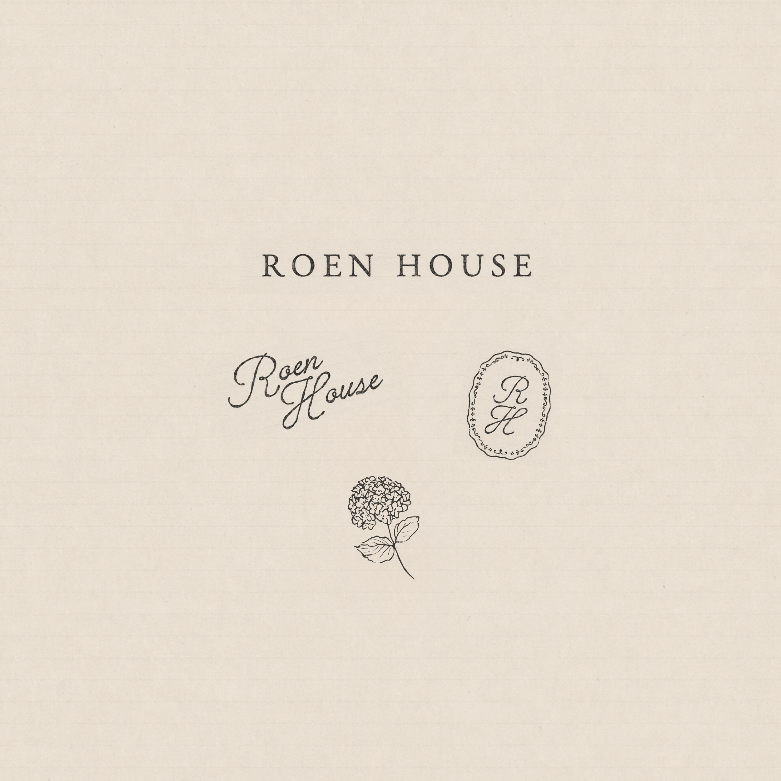 Cream-colored background with black text saying "ROEN HOUSE" and a decorative floral illustration below.