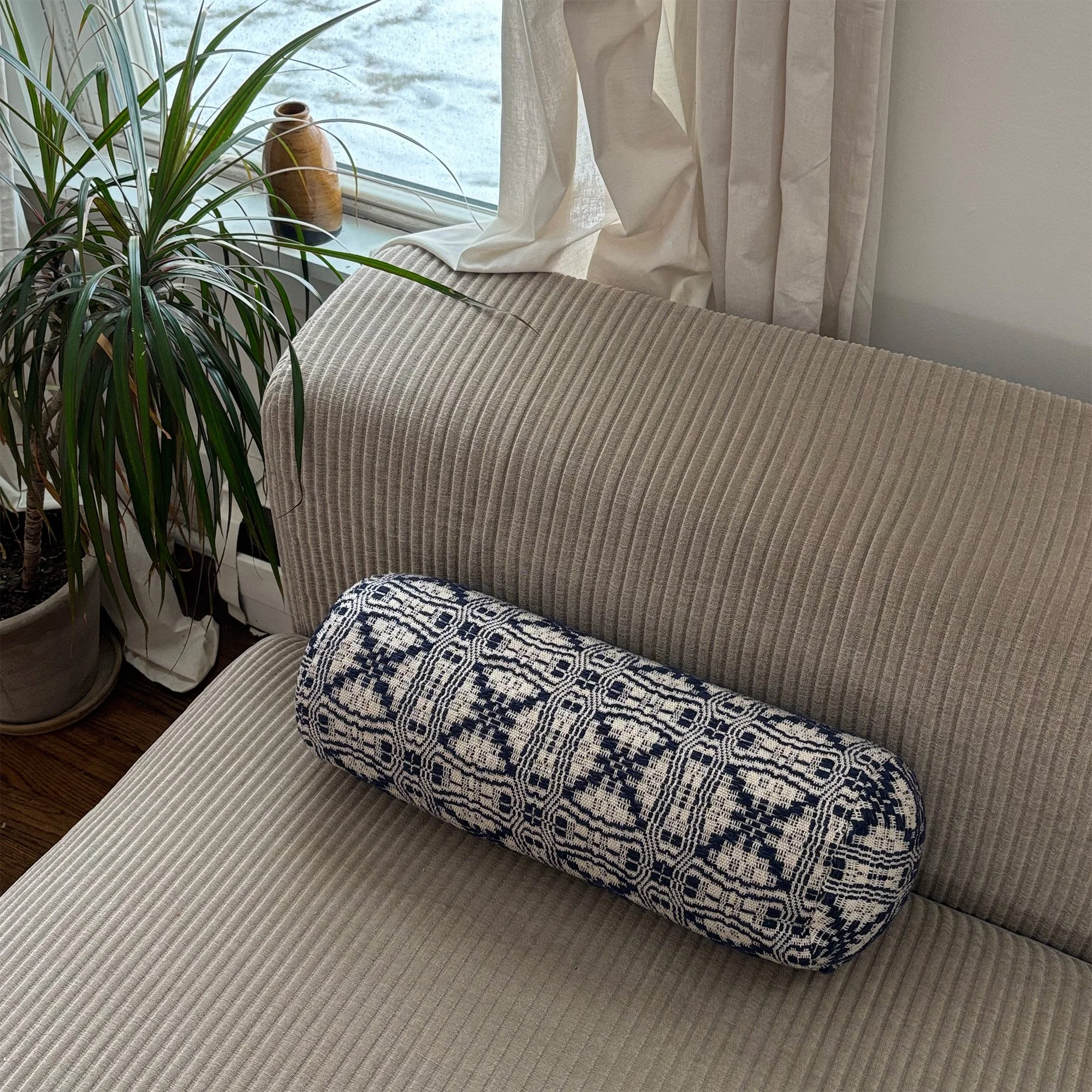 Overshot Bolster Pillow Indigo couch Sam Tannenbaum stan handwoven cotton.jpg