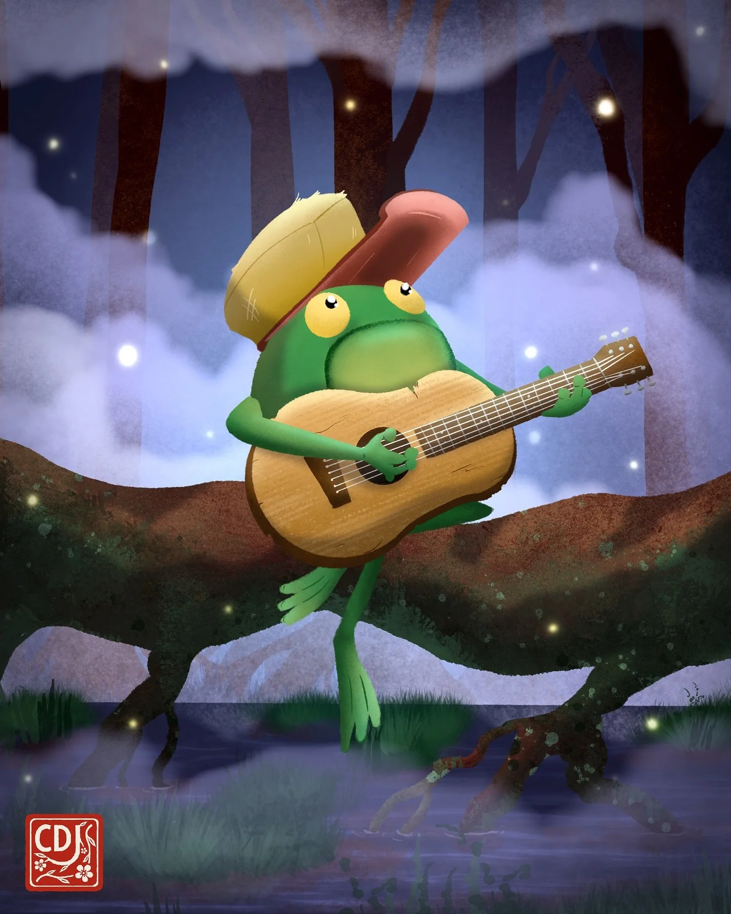 Final illustration from Drawing to Music, Day 2! 🐸🪕 What song should I do next??
&bull;
&bull;
Follow for more! ❤️
&bull;
&bull;
#sketchbook #illustration #digitalart #digitalpainting #childrensbooks #scbwi #procreateart #frog #relaxing #cartoon