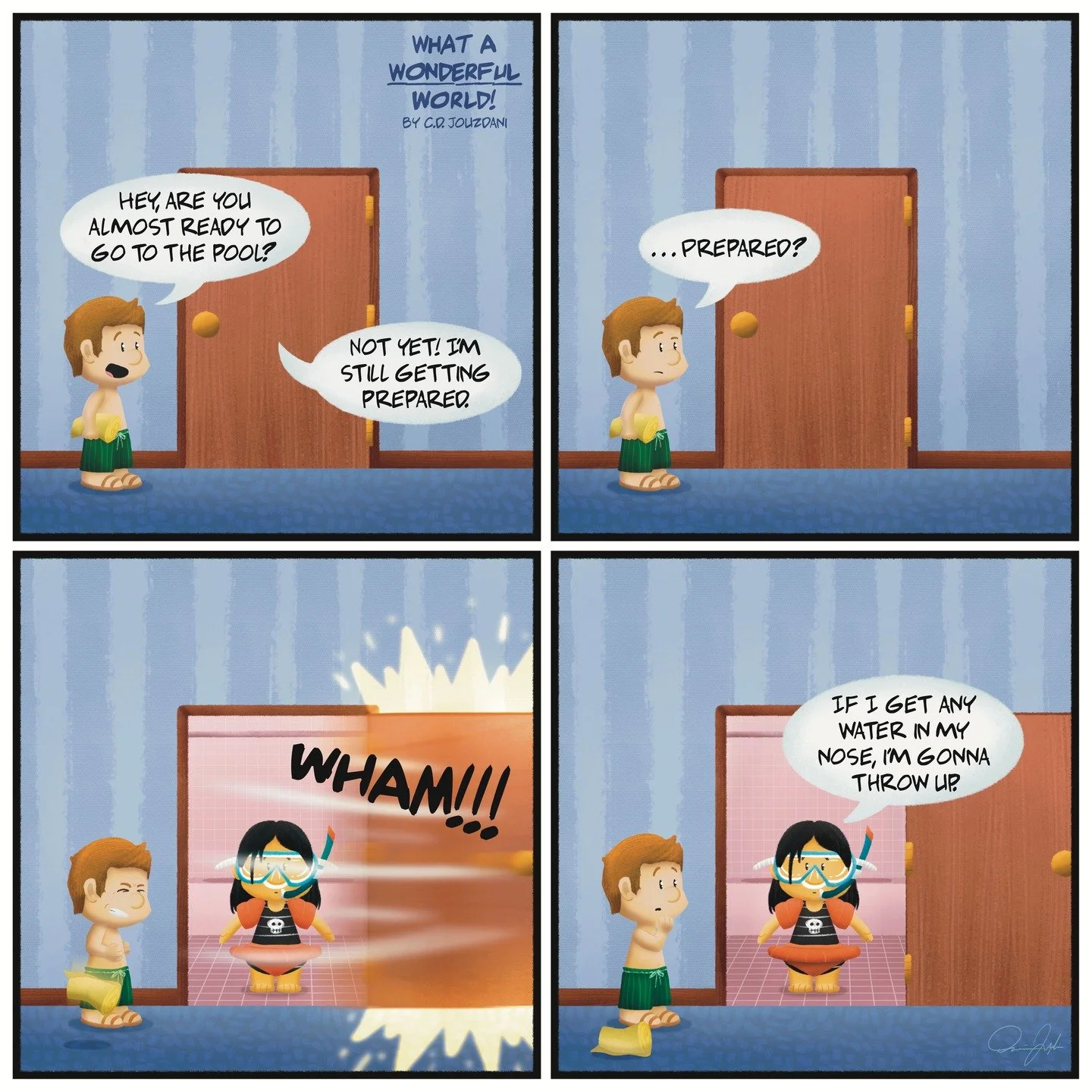 Happy summer to all those who enjoy swimming...and also to those that don't! 🩳🤿
&bull;
&bull;
Follow along for new comics every Wednesday!
&bull;
&bull;
#whatawonderfulworld #comics #webcomic #art #drawing #summer #swimming #funny #procreateart #co