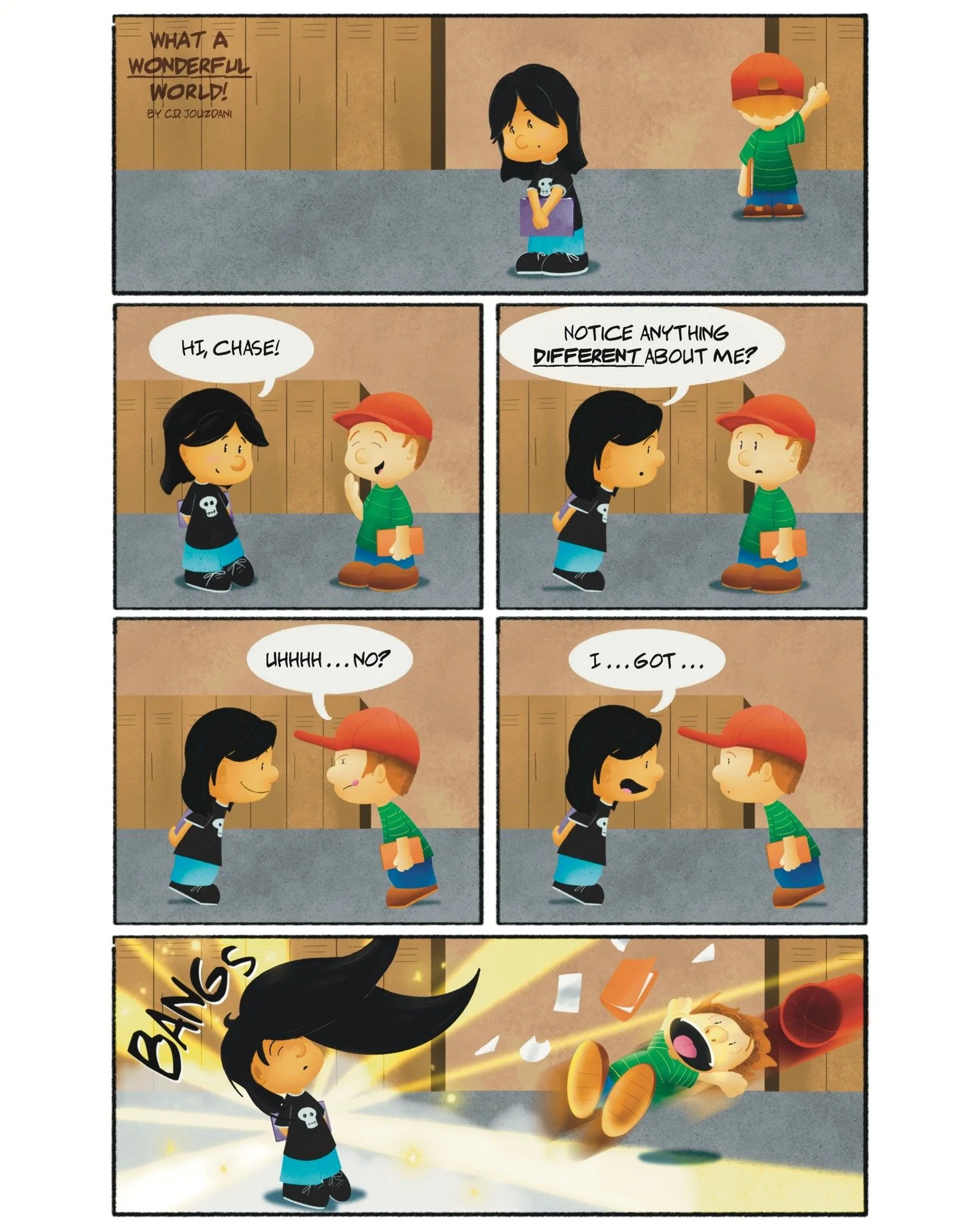 Do you think he noticed?
&bull;
&bull;
Follow along for new comics every Wednesday!
&bull;
&bull;

#whatawonderfulworld #comic #webcomic #comicartist #cartoon #illustration #scbwiillustrators #comicstrip #haircut #bangs #childhood