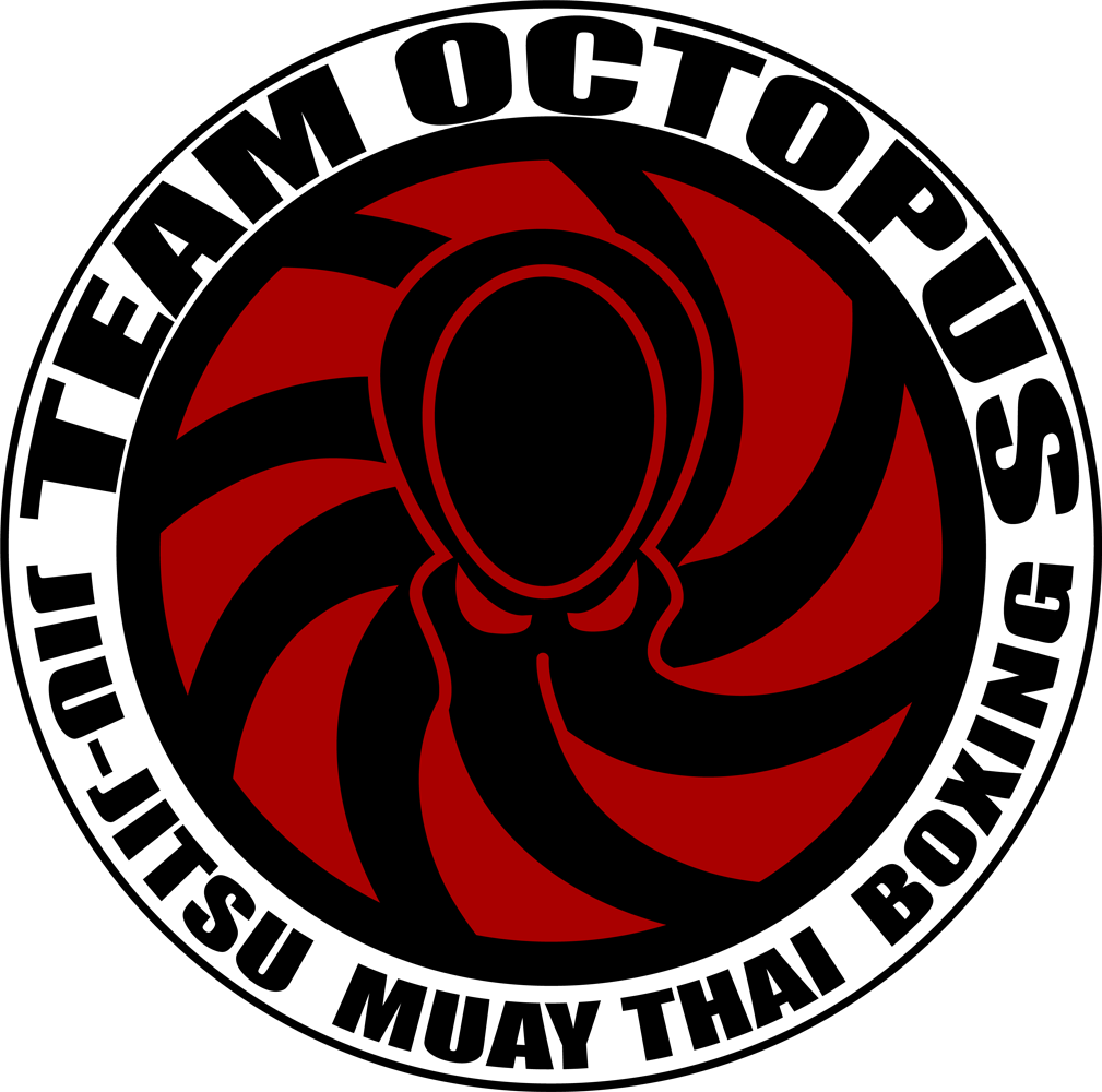 Logo for Team Octopus martial arts, featuring a stylized octopus with a human figure in the center, surrounded by text about kickboxing, fitness, and martial arts.