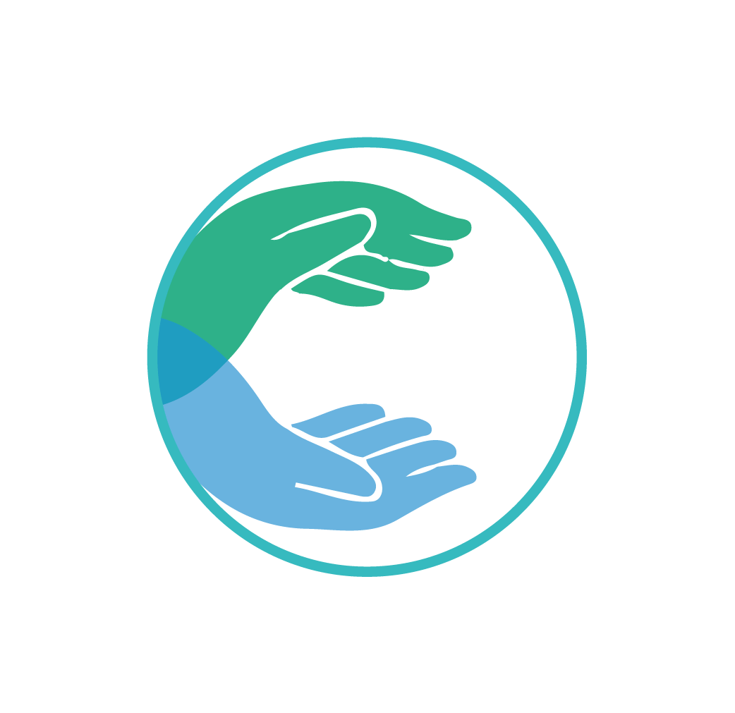 Logo with two hands forming a circle, one green and one blue, representing protection or care.
