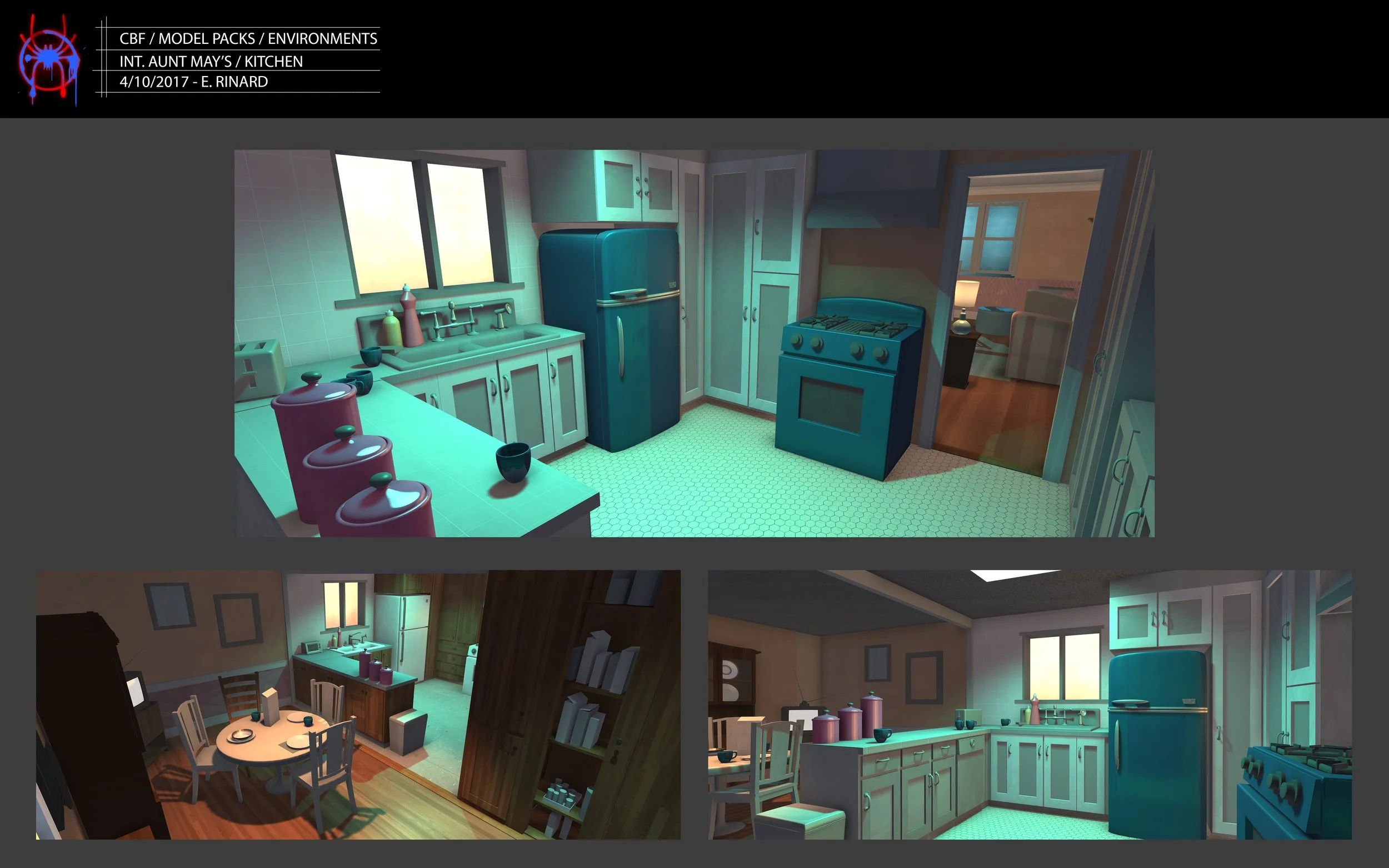 Three rendered images of a kitchen scene, showing different angles with a blue refrigerator, stove, white cabinets, and a table with chairs, all styled like a model or digital scene.