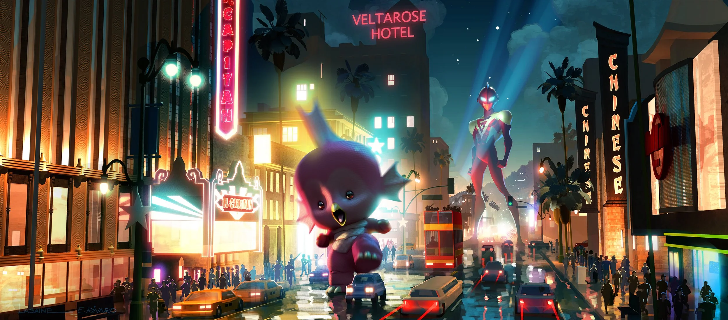 A futuristic city street at night with neon lights, featuring a giant robot figure, a flying creature with a childlike face, tall palm trees, and colorful signs for hotels and theaters, with a crowd of people and cars on the street.