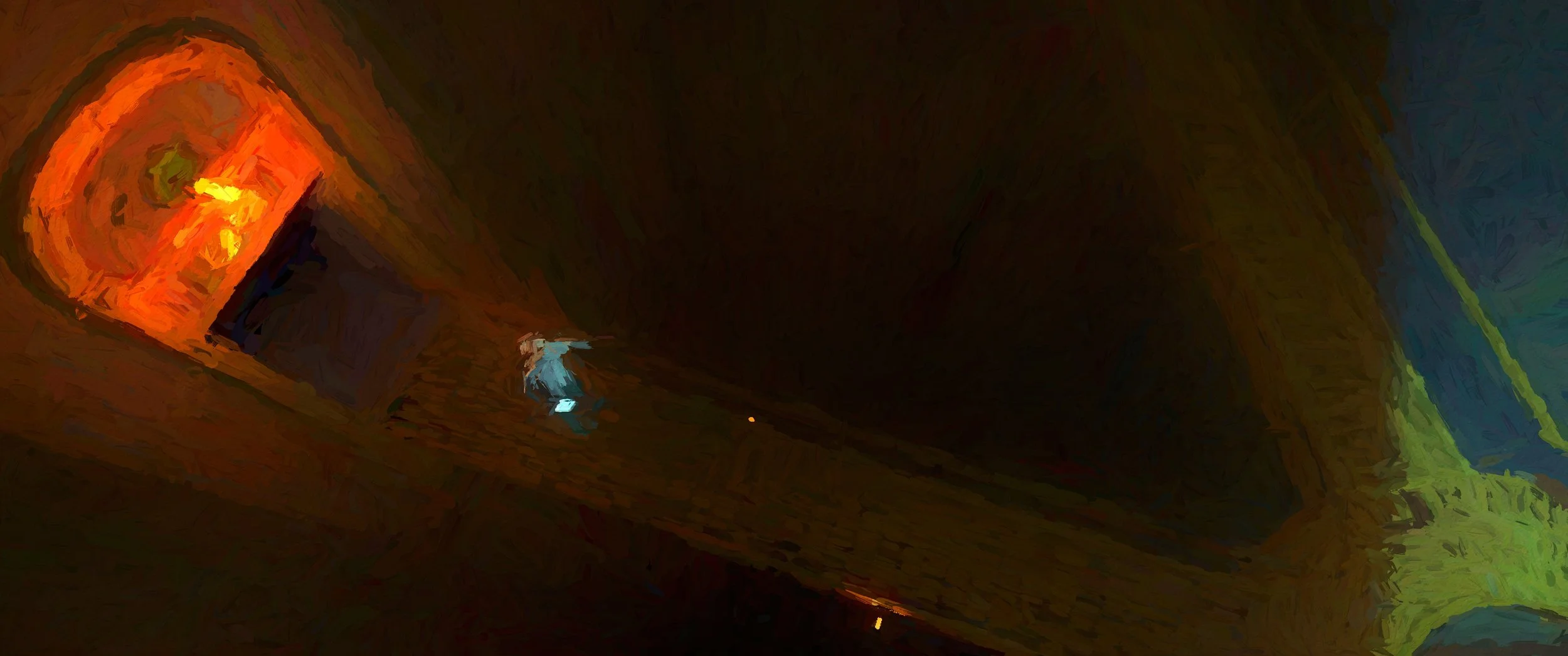 A person walking on a dimly lit street at night, illuminated by a red-orange streetlamp and other colorful lights.