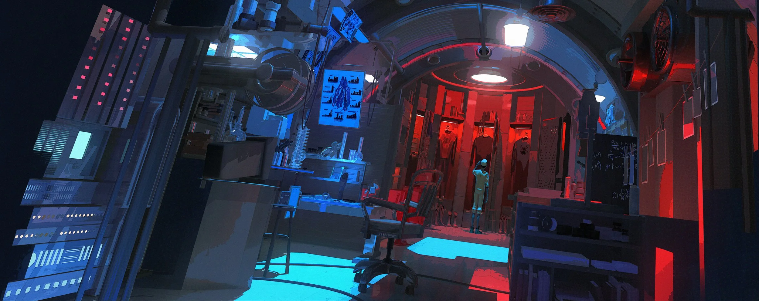 A futuristic laboratory with advanced scientific equipment, illuminated by blue and red lights, featuring a mannequin in a lab coat and a blackboard with equations.