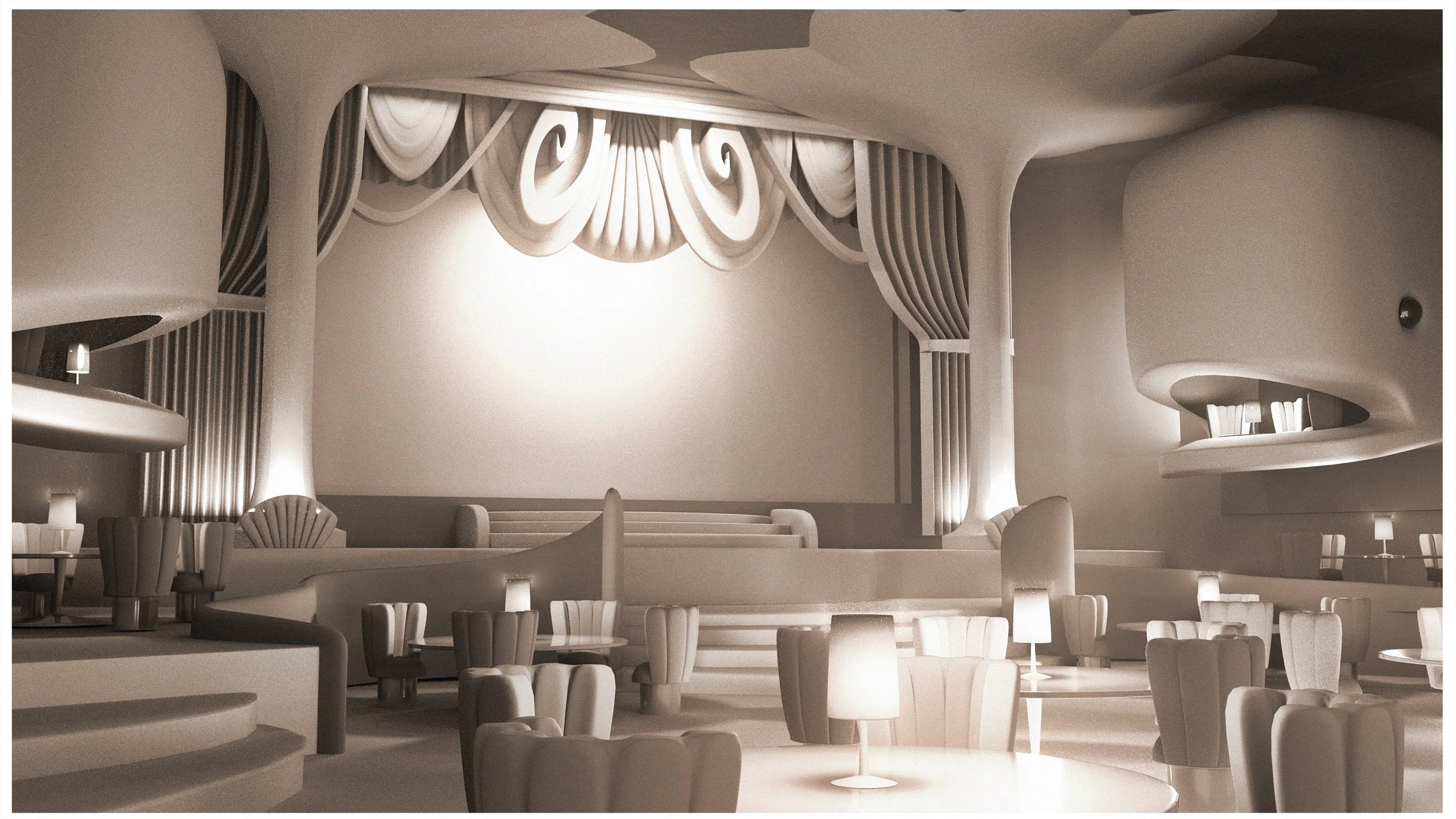 A spacious, art deco-style lounge with curved architecture, plush seating, small tables with lamps, and a large blank screen or wall at the front, all in a monochrome color scheme.
