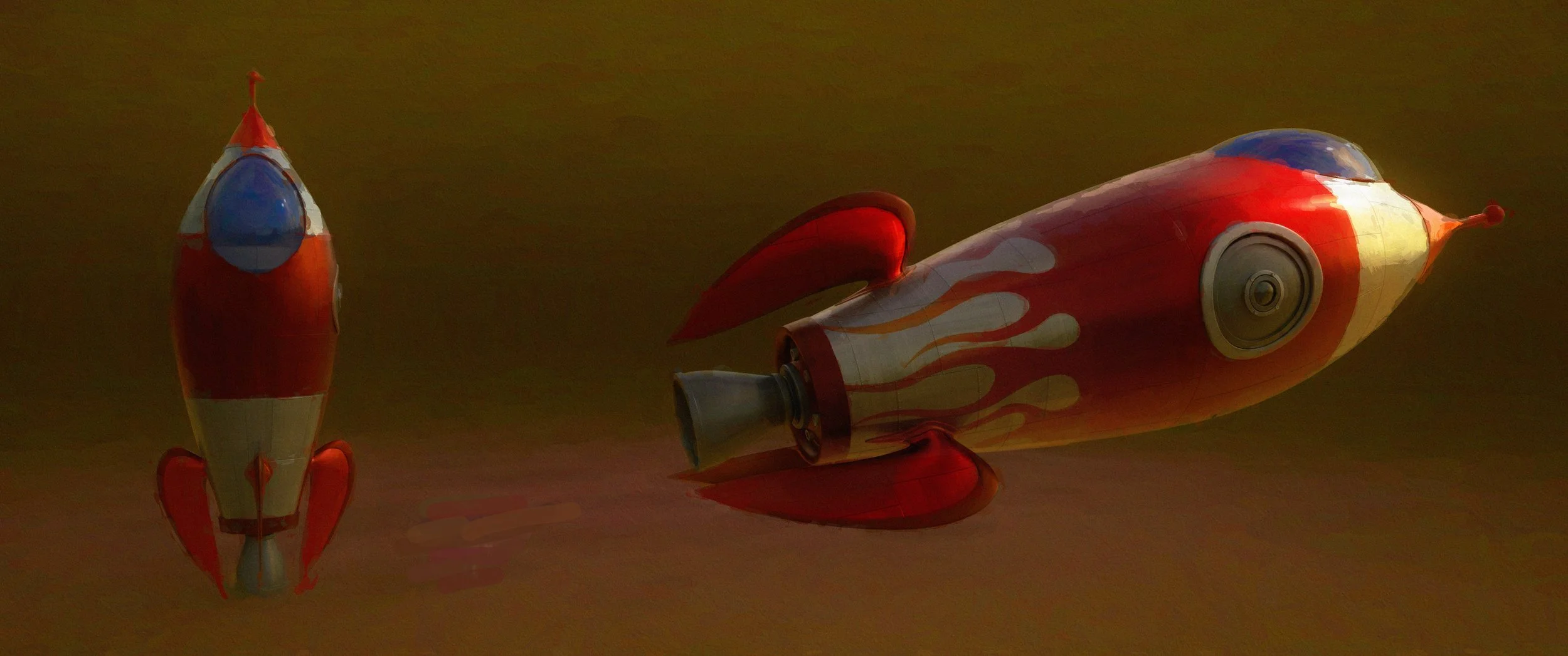 Two small toy rockets with red, yellow, and blue colors, one standing upright and the other lying on its side, against a dark background.