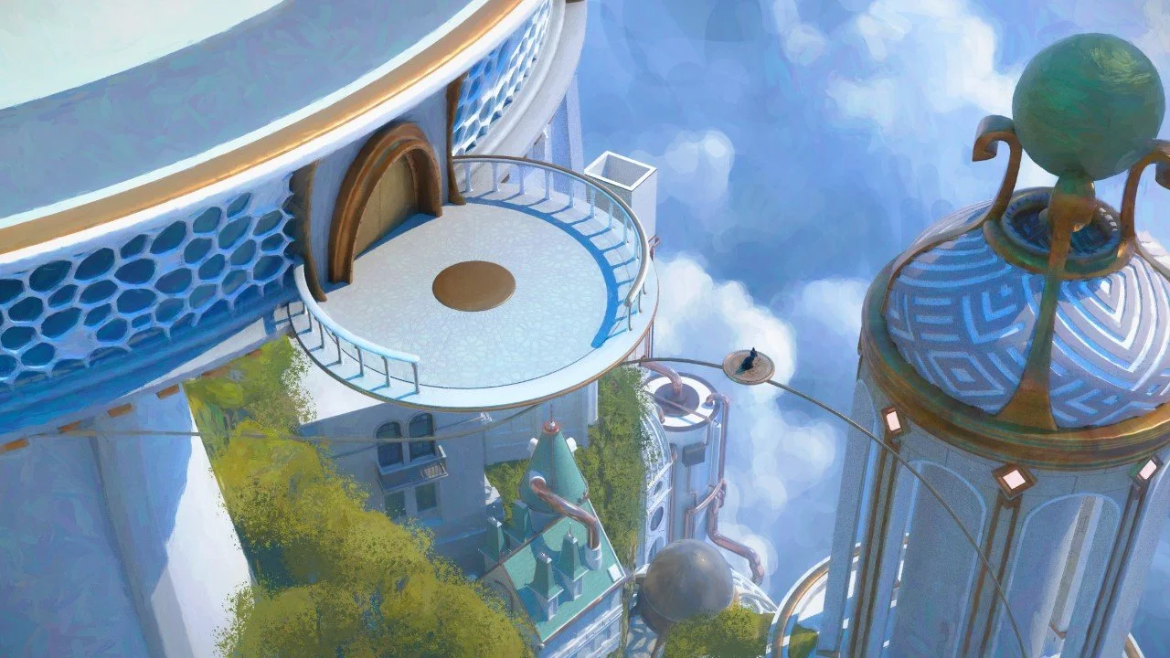 Futuristic cityscape with tall buildings, floating in the clouds, featuring a rooftop balcony and a domed structure with a spherical green ornament on top.