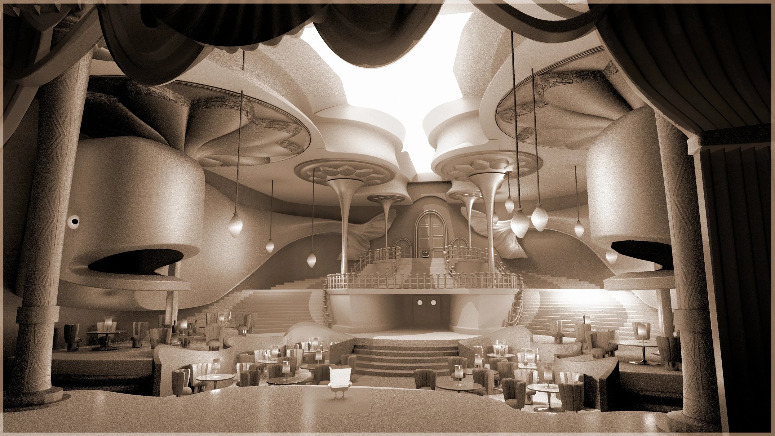 An elegant theater with modern, futuristic design featuring curved lines and organic shapes. The stage is centered, with multiple levels of stairs and railing, and surrounded by plush seating, chandeliers, and eye-catching ceiling installations.