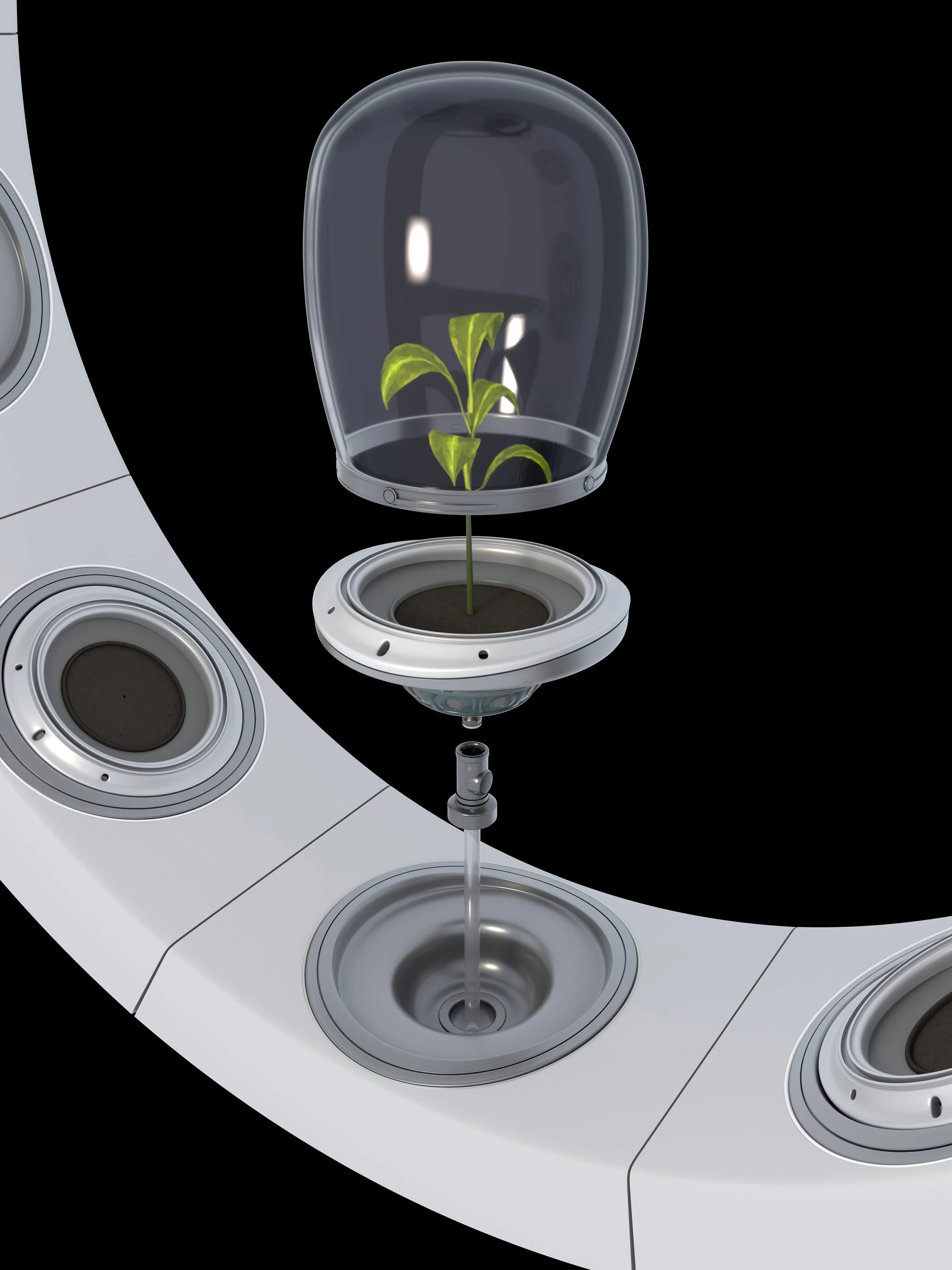 A futuristic device with a transparent dome displaying a small green plant inside, connected to a white, curved panel with multiple circular openings.