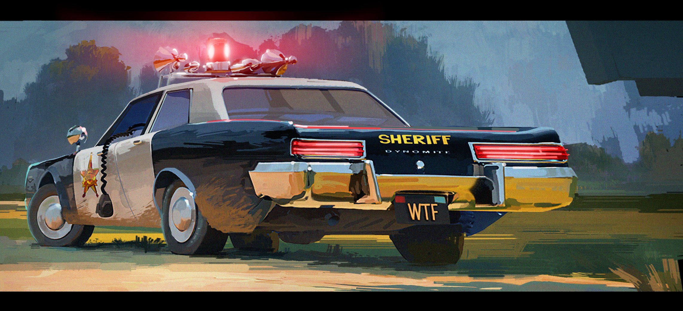 Stylized illustration of a police sheriff car parked on a rural road at dusk or dawn, with a dark forest in the background and a red flashing light on top. The car has a sheriff badge on the door and a humorous black license plate with the text 'WTF'.