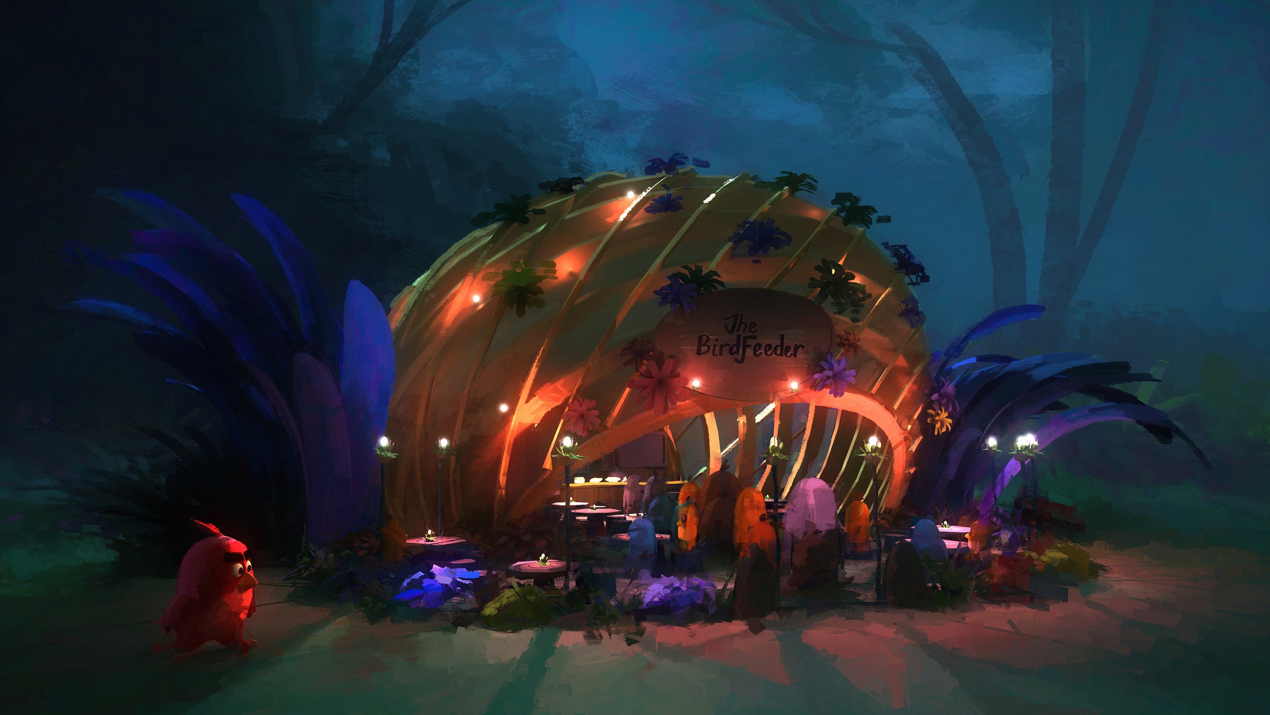 A whimsical, convention-like scene with a large, glowing, dome-shaped structure labeled 'The BirdFeeder,' decorated with colorful flowers and surrounded by people sitting at tables inside and outside. The scene is set in a lush, forested environment with animated characters, including a pink creature with big eyes in the foreground.