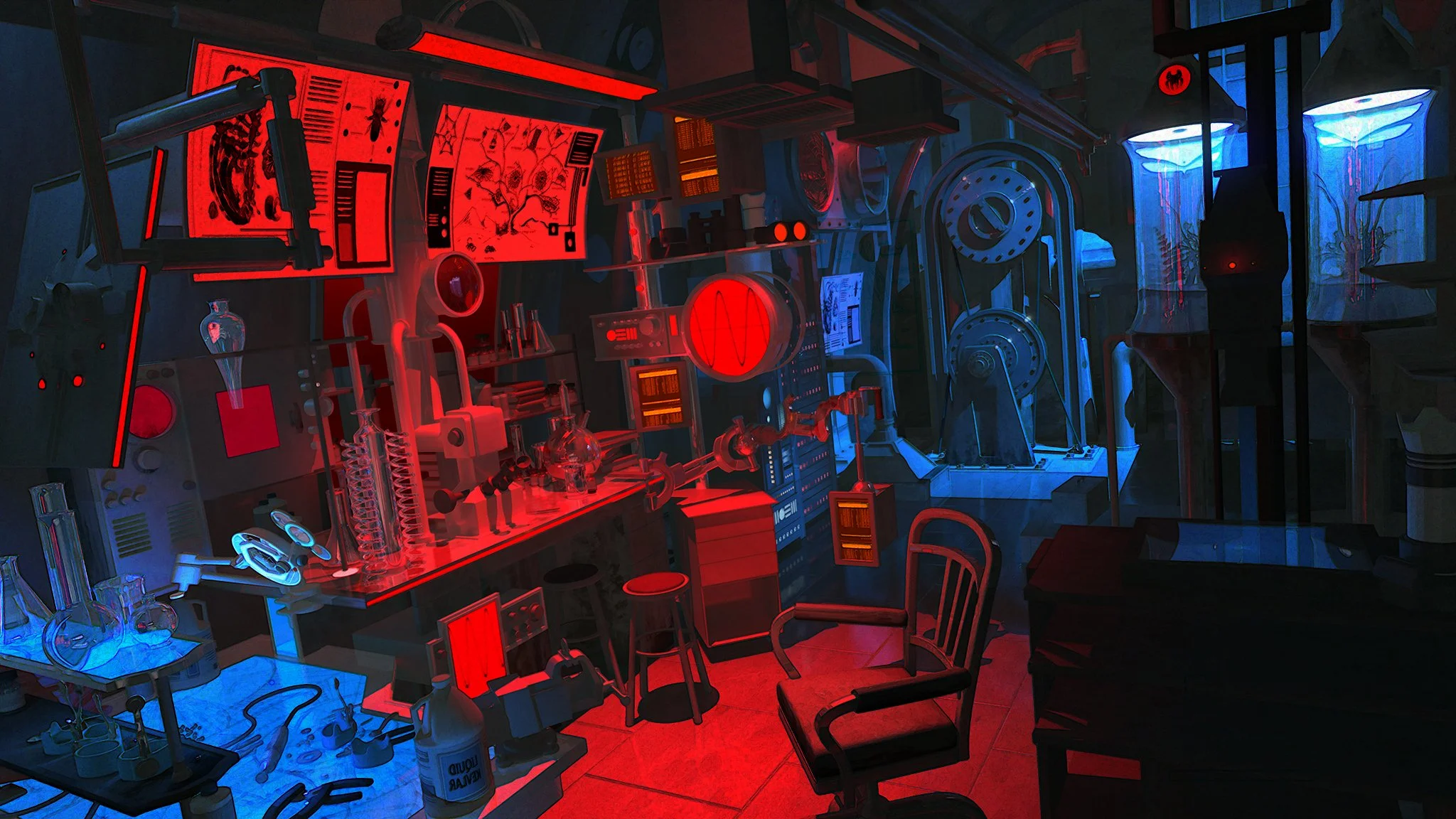A sci-fi laboratory with red and blue lighting, filled with scientific equipment, test tubes, computer screens, and machinery, creating a futuristic and high-tech atmosphere.
