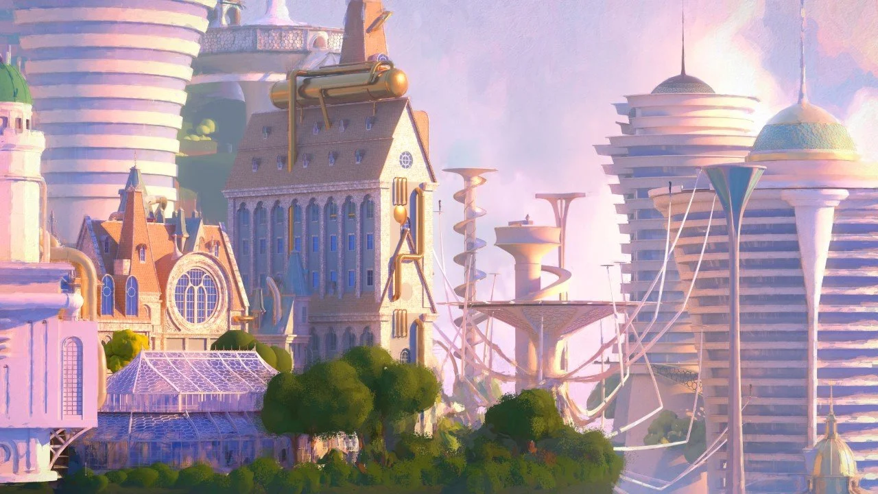 Futuristic cityscape with tall, uniquely shaped buildings, some with pipes and spiral structures, surrounded by green trees and a cloudy sky.