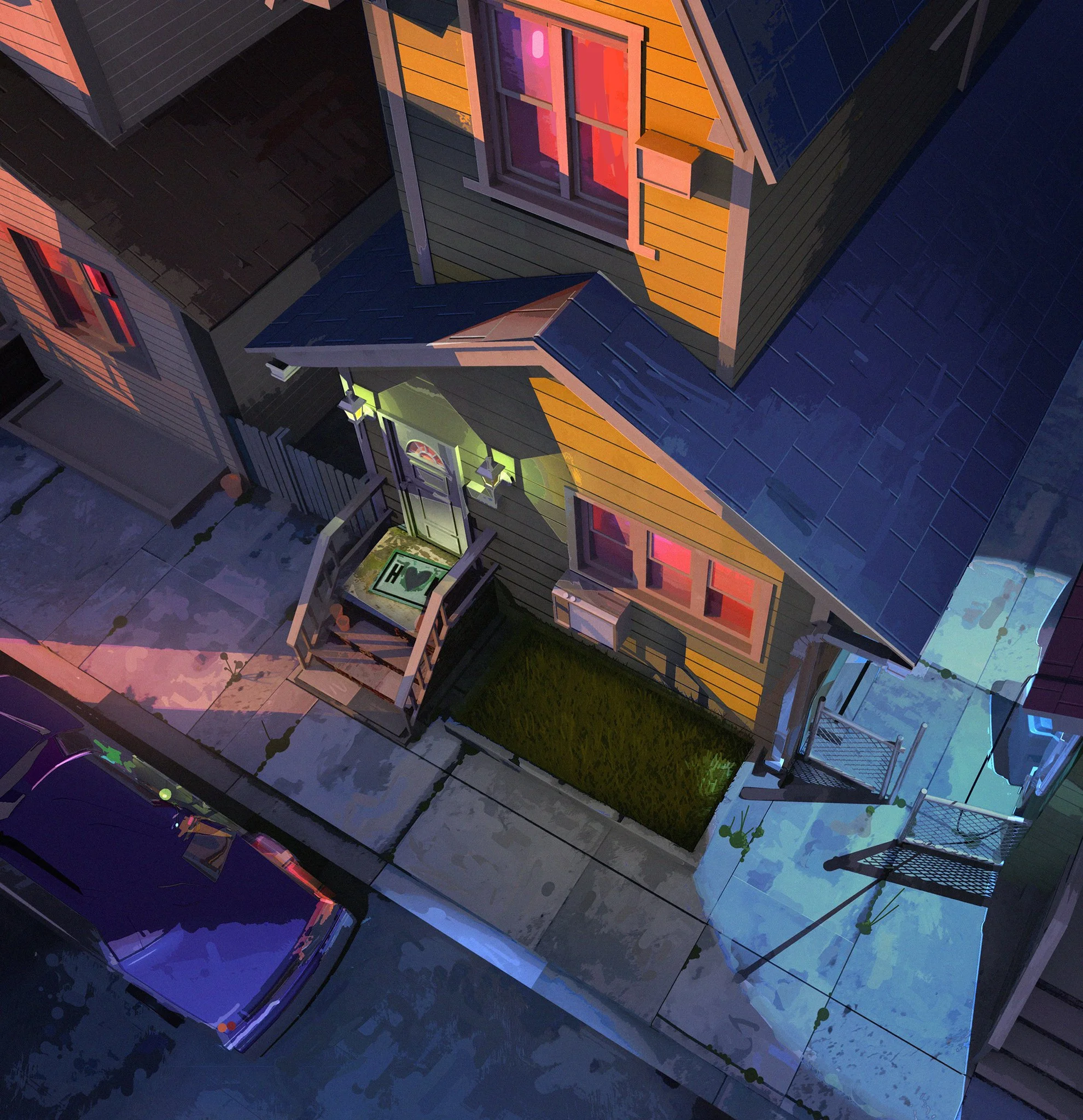 An aerial view of a colorful suburban house at dusk with a small porch, a patch of grass, and parked cars on the street