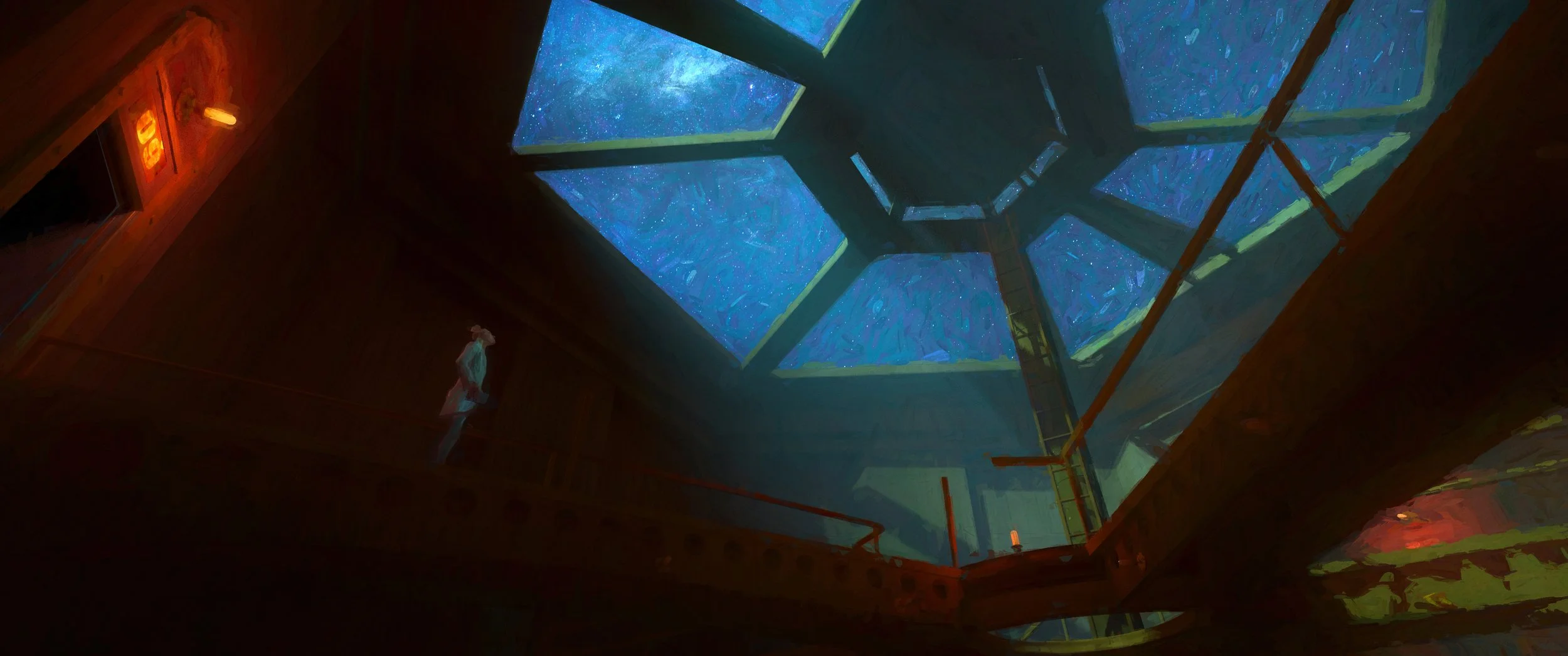 A woman inside an observatory looking up at a large glass ceiling with a view of the starry night sky and the Milky Way.