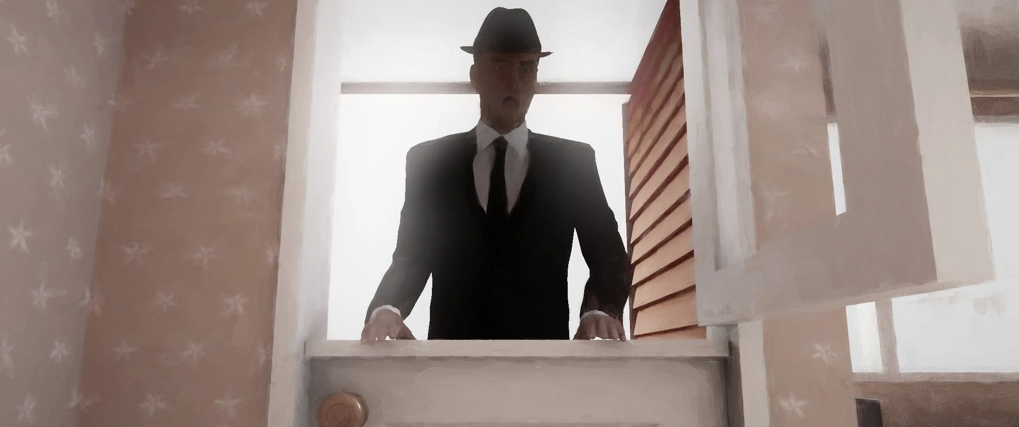 A man dressed in a black suit, white shirt, black tie, and a black fedora hat looks down over a balcony or ledge from inside a house, with light coming from behind him.