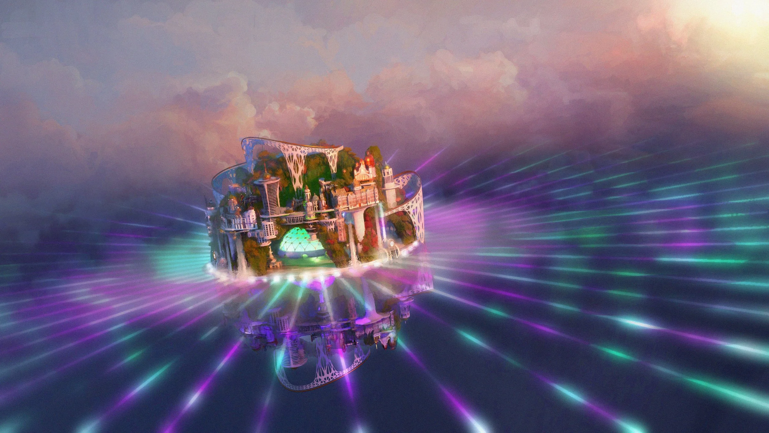 A floating city with futuristic skyscrapers, gardens, and bridges, illuminated by vibrant colorful lights against a cloudy sky.