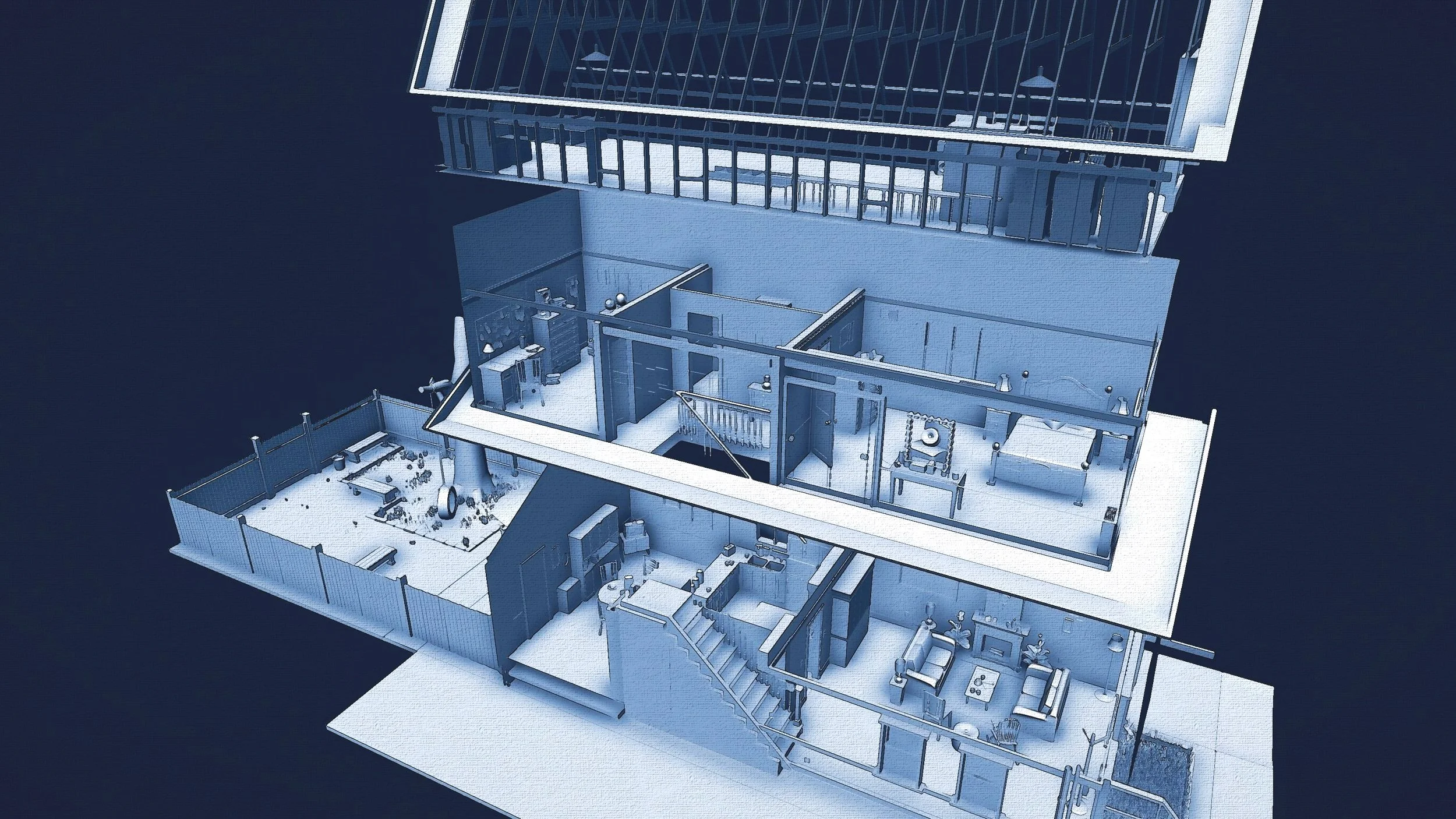 3D model of a multi-story modern building with open floor plans, glass walls, and visible interior furniture and rooms.