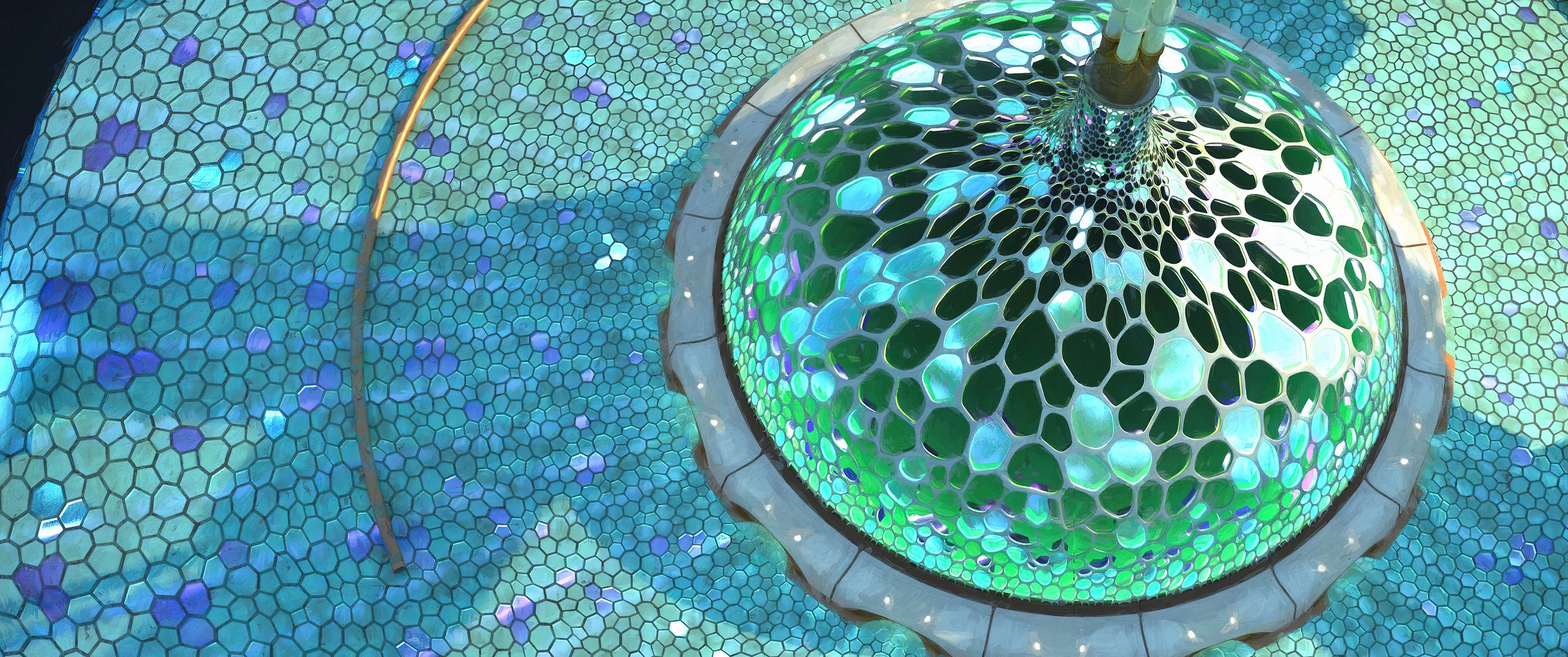A colorful, illuminated mosaic fountain with a spherical structure at its center, surrounded by a tiled surface in shades of blue and green.