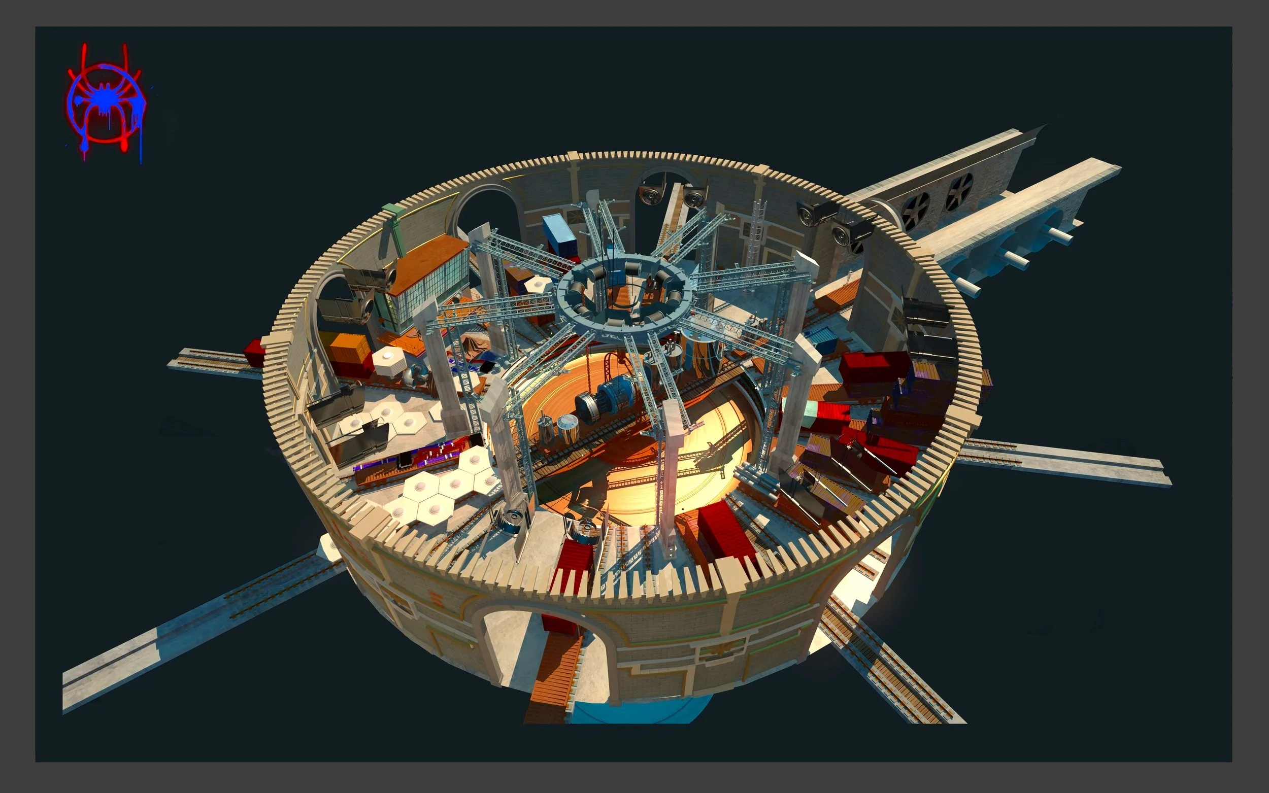 Inside view of a modern amusement park ride or attraction with tracks, scaffolding, and structural elements.