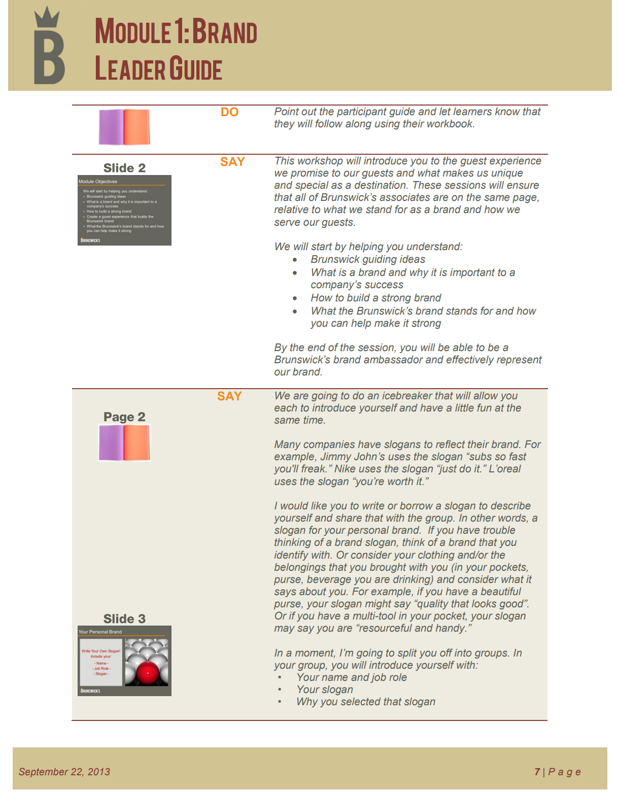 A page from a facilitator guide for live training