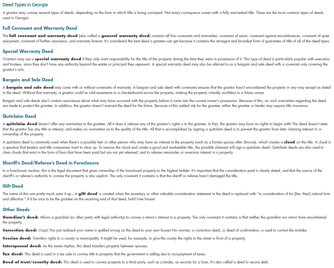 Deed Types in Georgia, a study sheet for exam prep