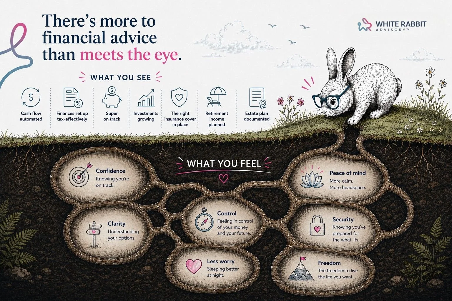 quantitative and qualitative benefits of financial advice shown via a metaphor of a rabbit burrow