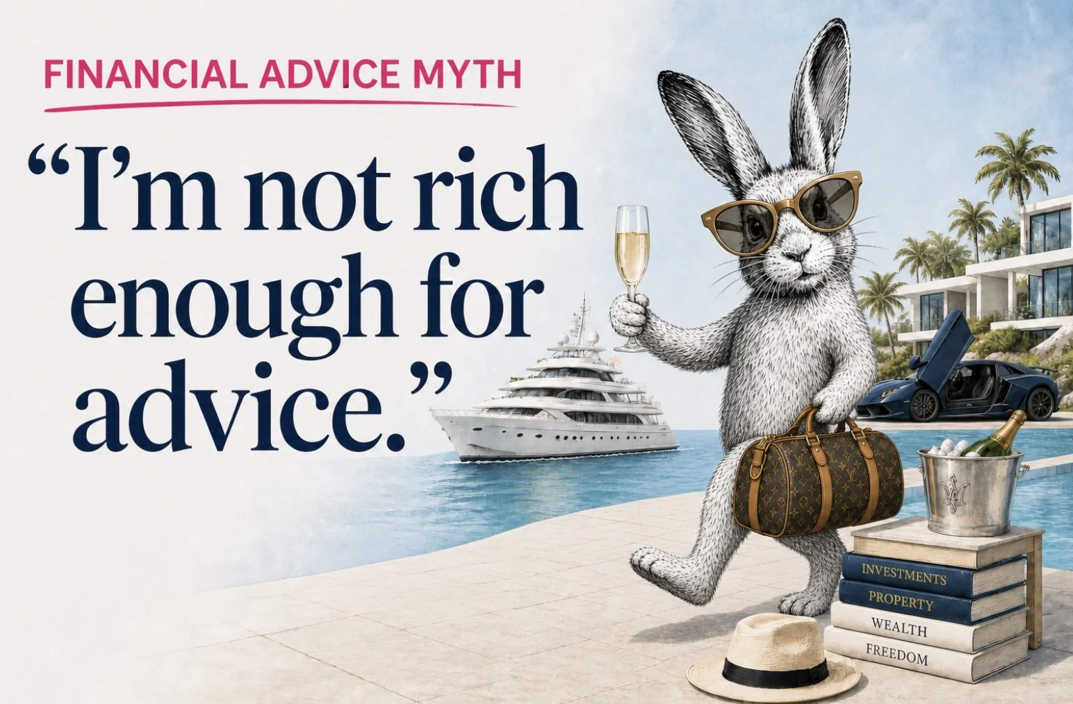 A rich rabbit with expensive handbag and a yacht to call out the financial advice myth that you have to be rich to get financial advice